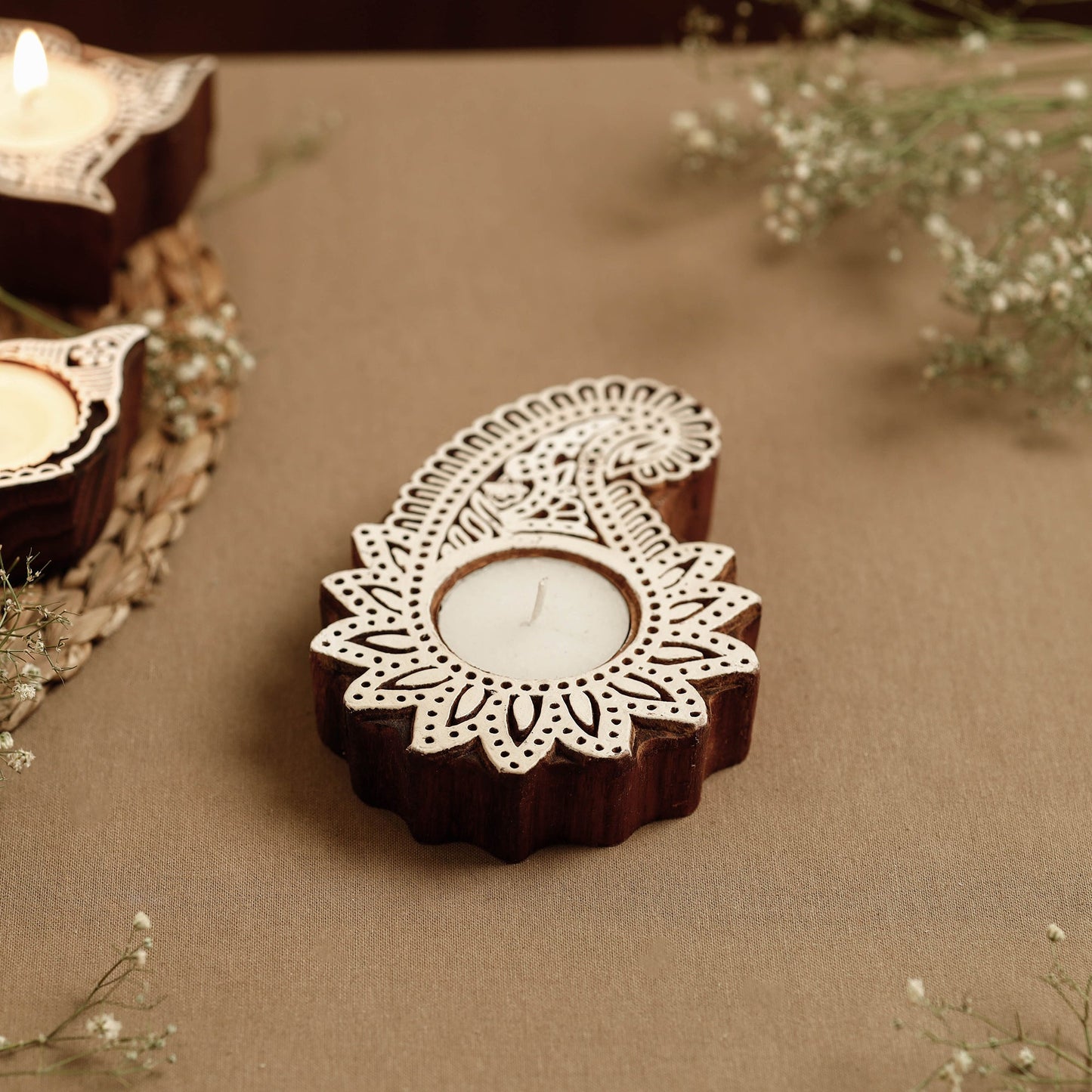 Hand Carved Sheesham Wood Block Tealight Candle Holder Online at iTokri.com