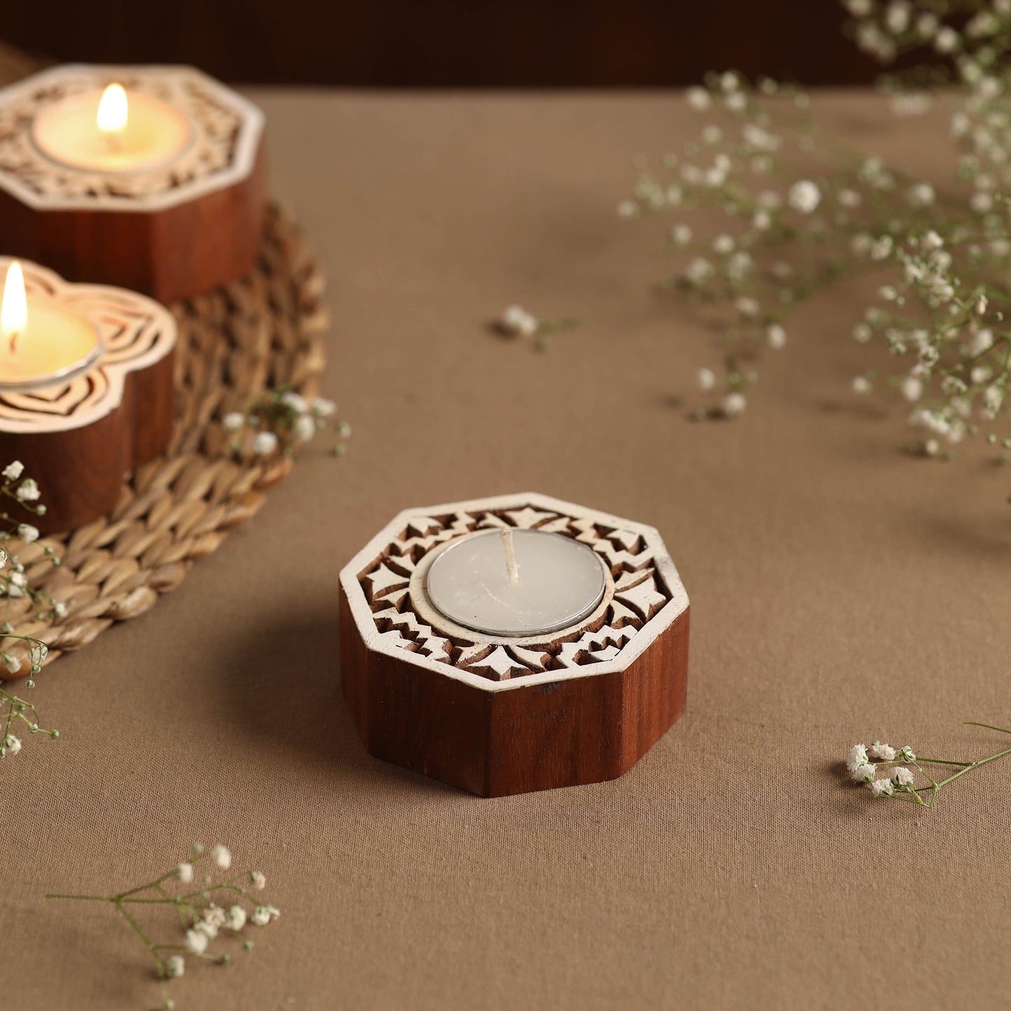 Hand Carved Sheesham Wood Block Tealight Candle Holder Online at iTokri.com