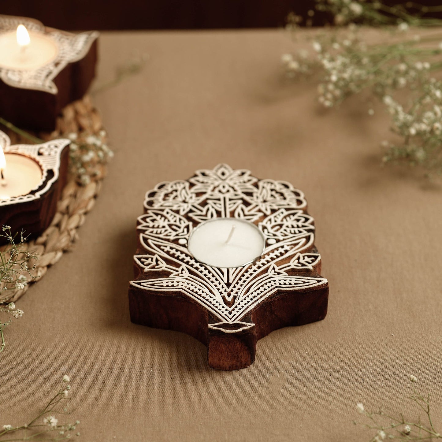 Hand Carved Sheesham Wood Block Tealight Candle Holder Online at iTokri.com