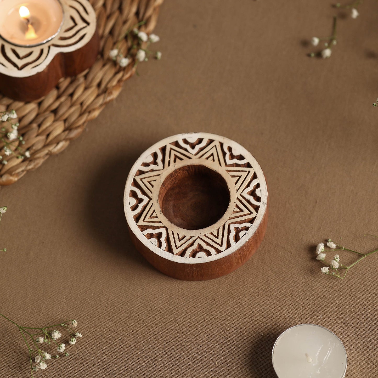 Hand Carved Sheesham Wood Block Tealight Candle Holder Online at iTokri.com
