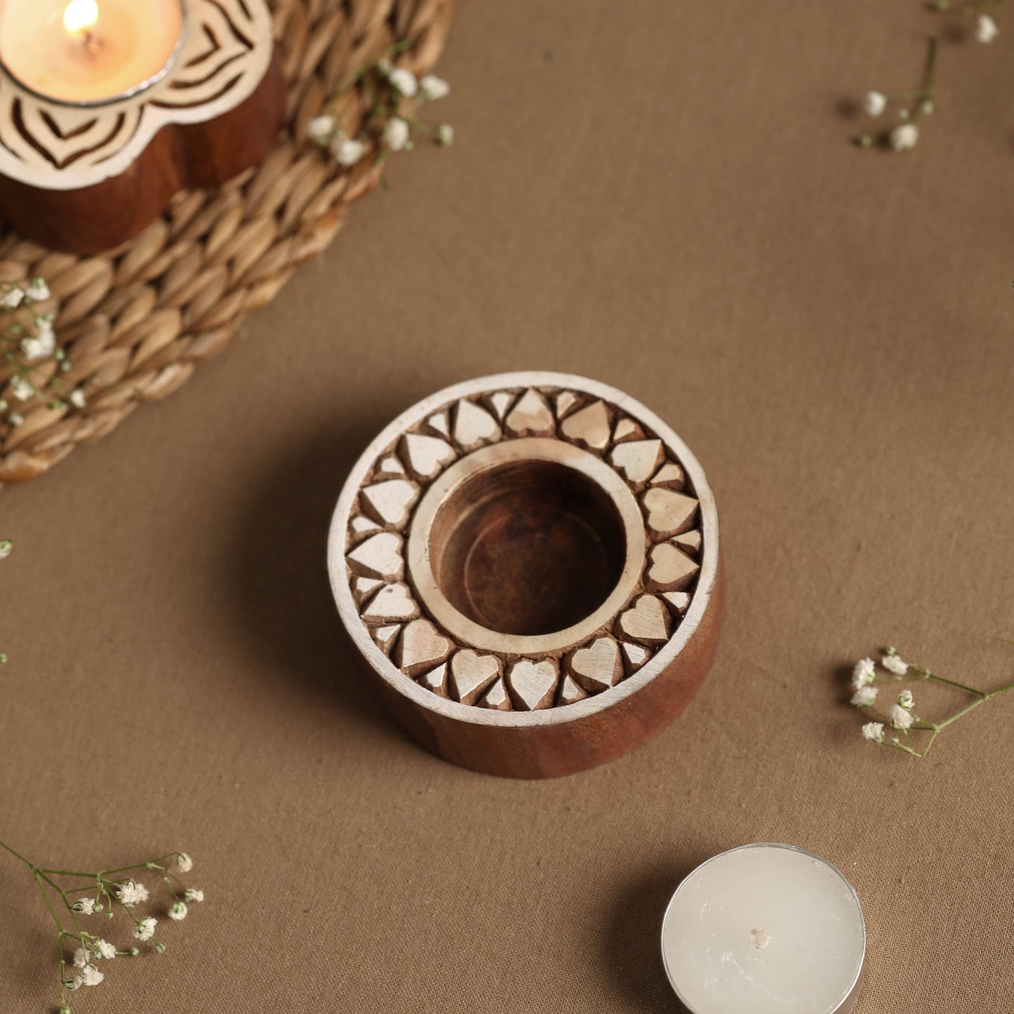 Hand Carved Sheesham Wood Block Tealight Candle Holder Online at iTokri.com