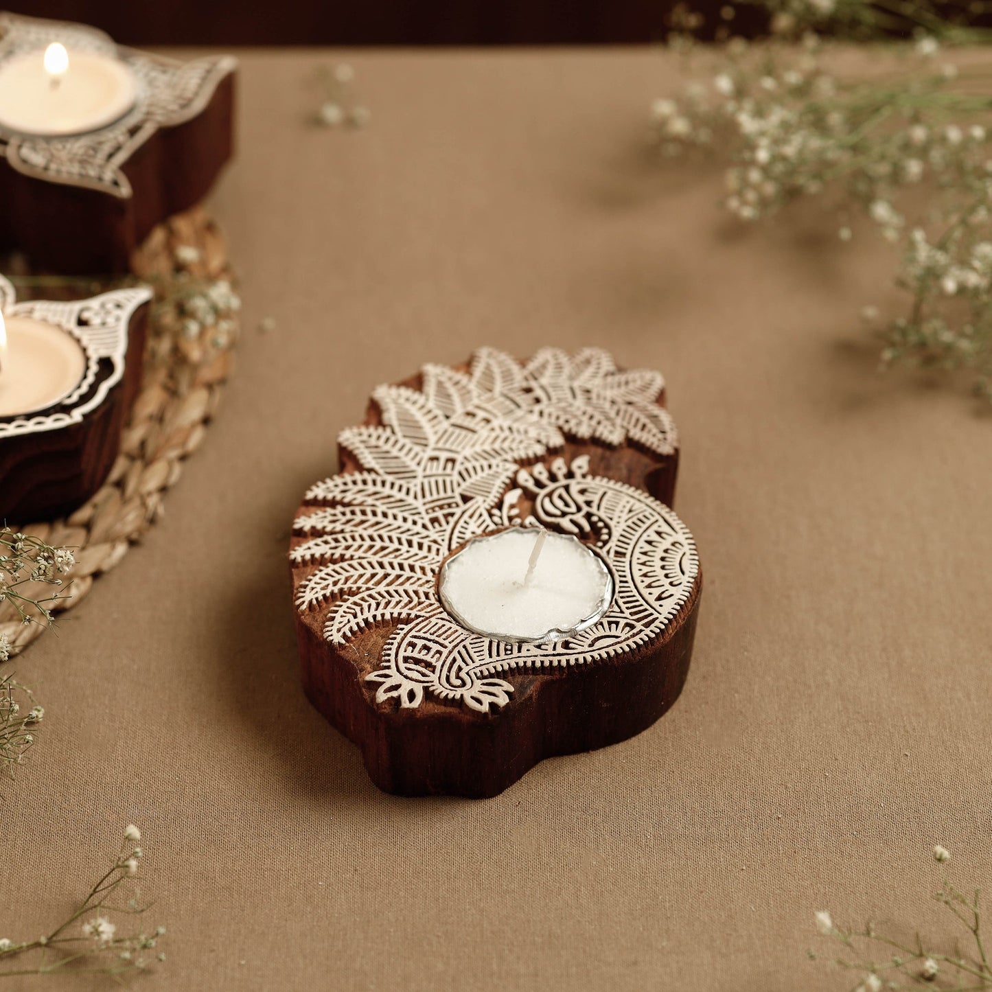 Hand Carved Sheesham Wood Block Tealight Candle Holder Online at iTokri.com