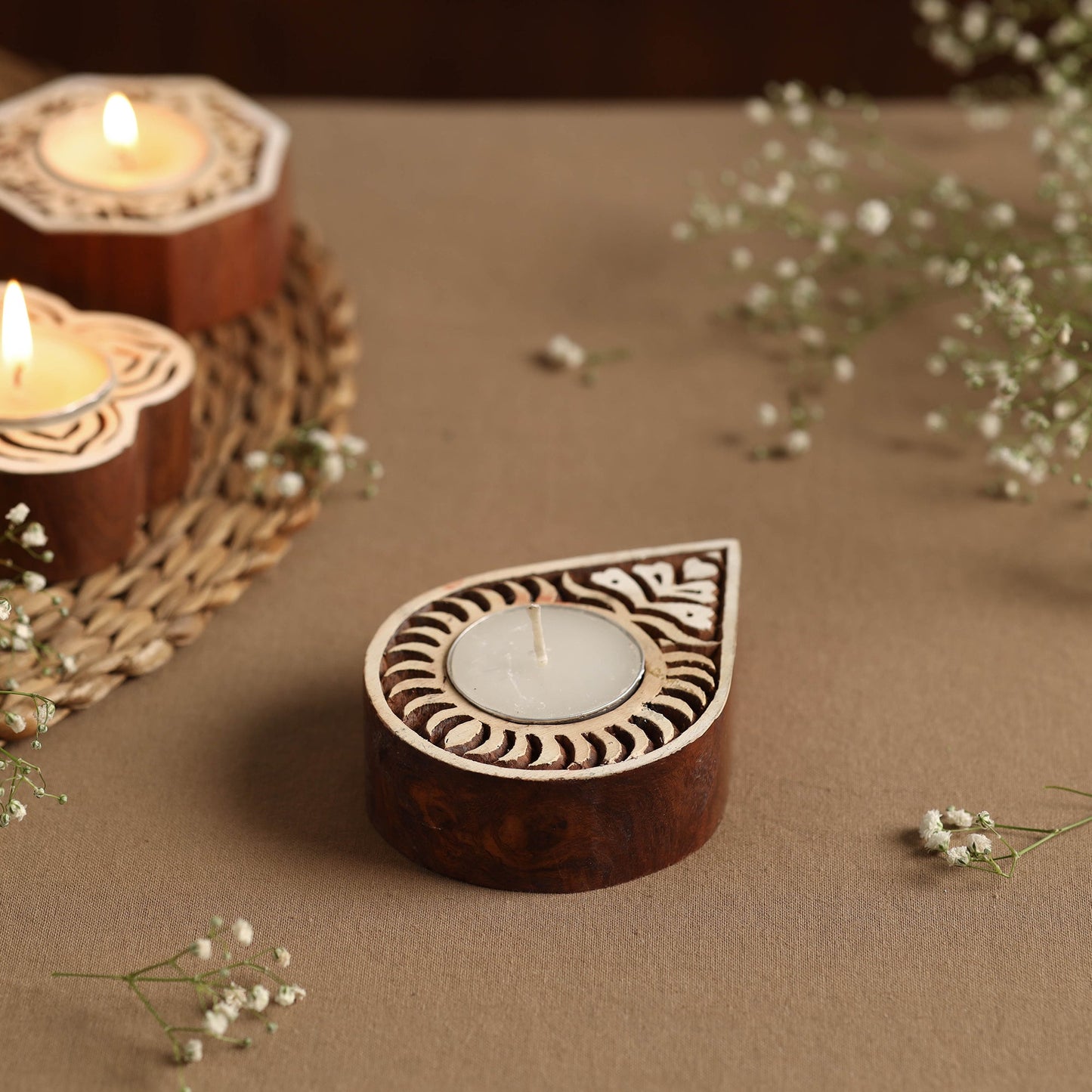 Hand Carved Sheesham Wood Block Tealight Candle Holder Online at iTokri.com