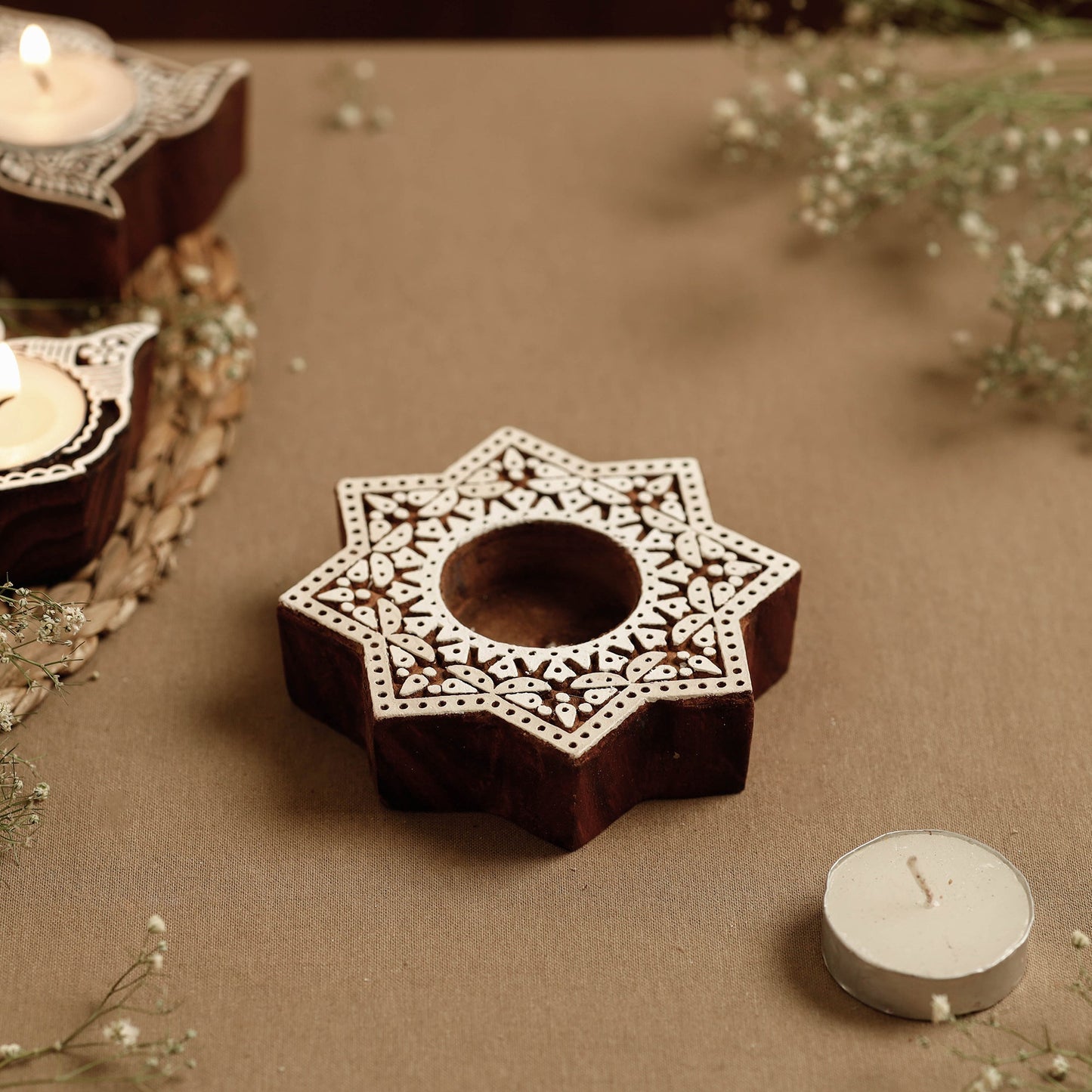 Hand Carved Sheesham Wood Block Tealight Candle Holder Online at iTokri.com