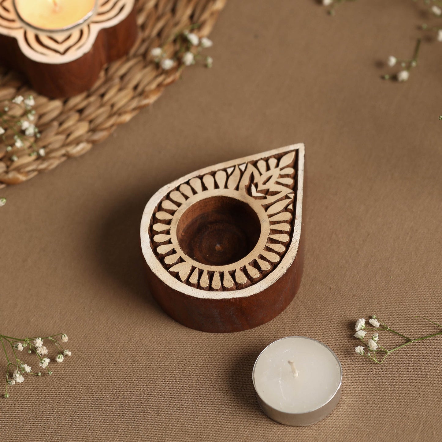 Hand Carved Sheesham Wood Block Tealight Candle Holder Online at iTokri.com
