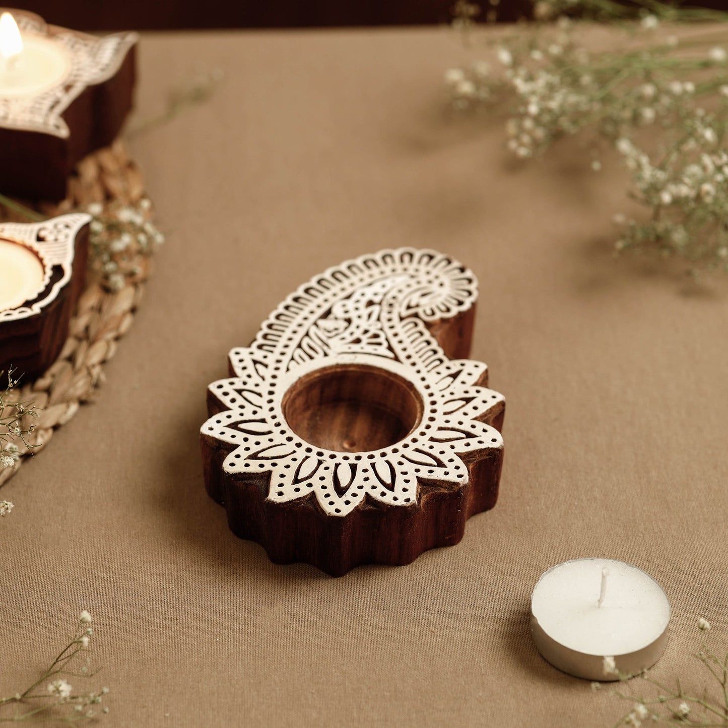 Hand Carved Sheesham Wood Block Tealight Candle Holder Online at iTokri.com