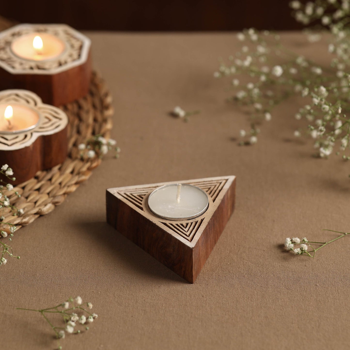 Hand Carved Sheesham Wood Block Tealight Candle Holder Online at iTokri.com