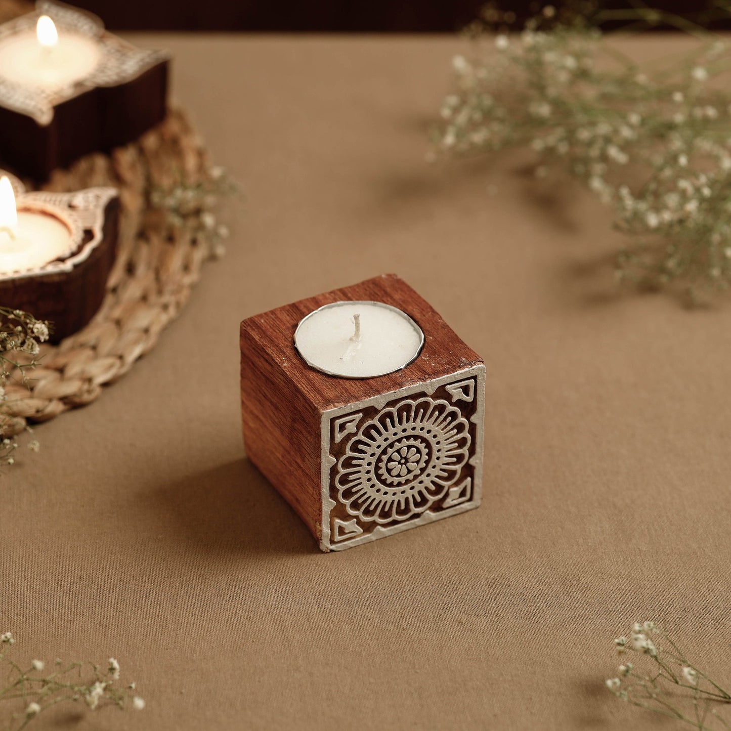Hand Carved Sheesham Wood Block Tealight Candle Holder Online at iTokri.com