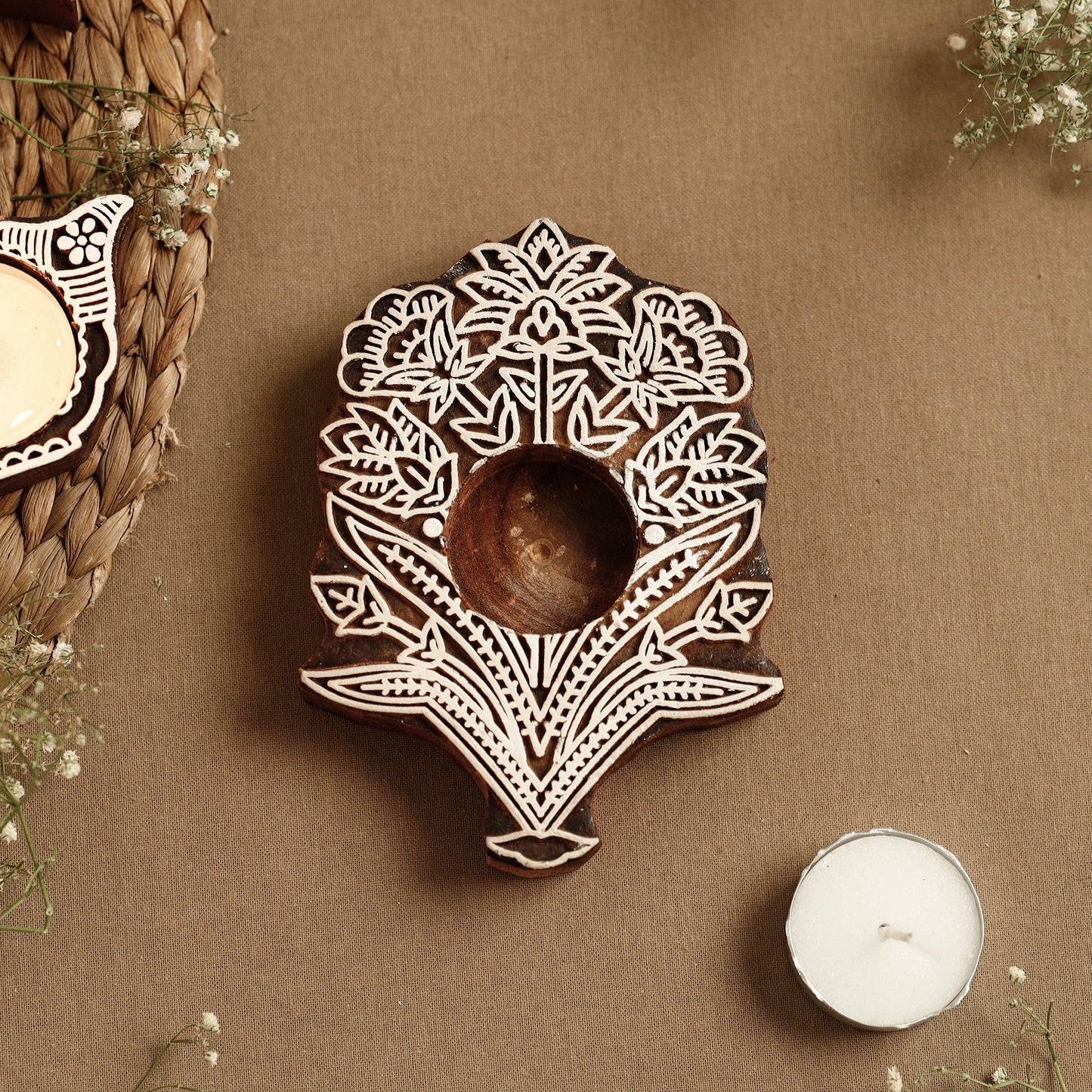 Hand Carved Sheesham Wood Block Tealight Candle Holder Online at iTokri.com