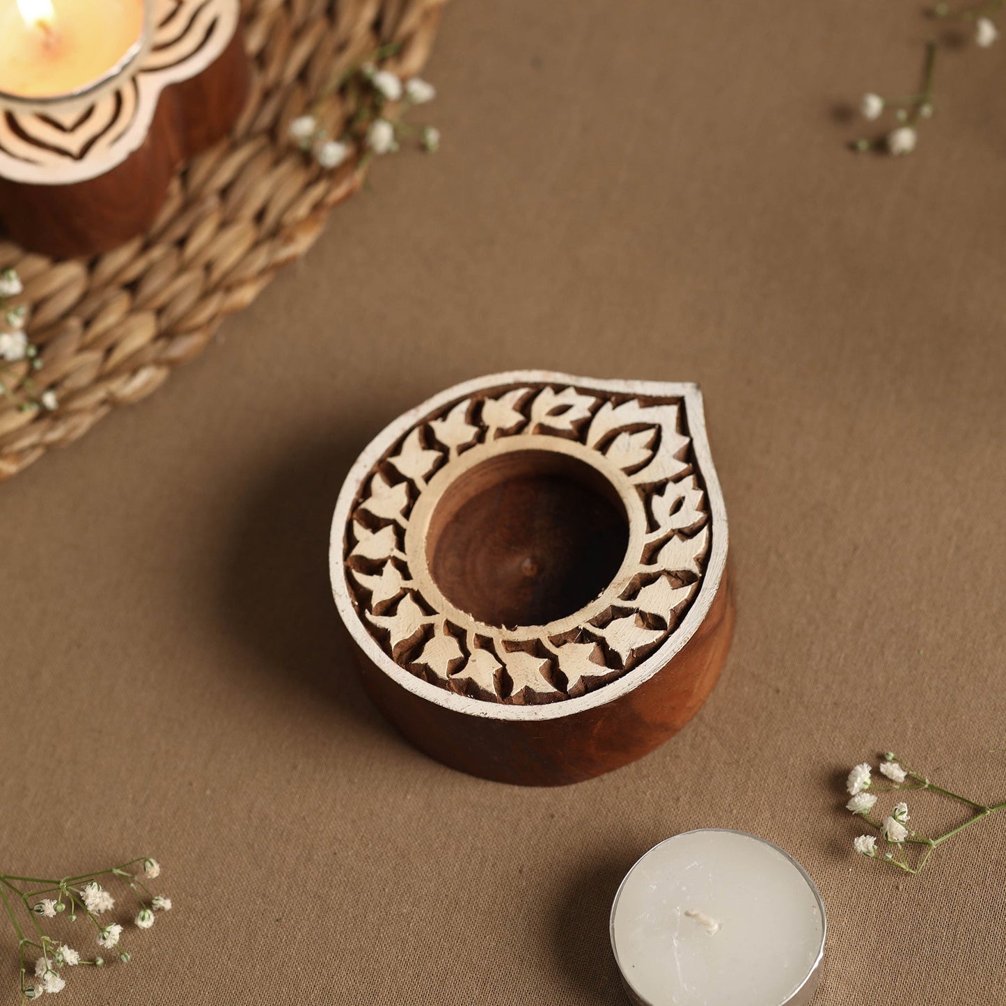 Hand Carved Sheesham Wood Block Tealight Candle Holder Online at iTokri.com