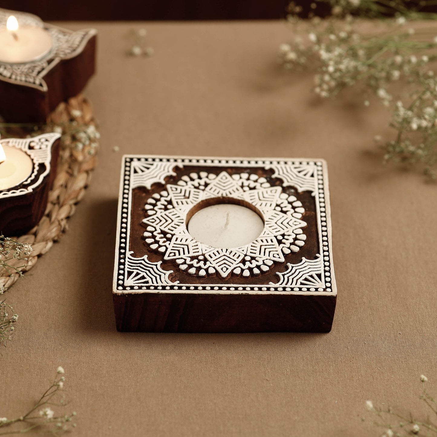 Hand Carved Sheesham Wood Block Tealight Candle Holder Online at iTokri.com