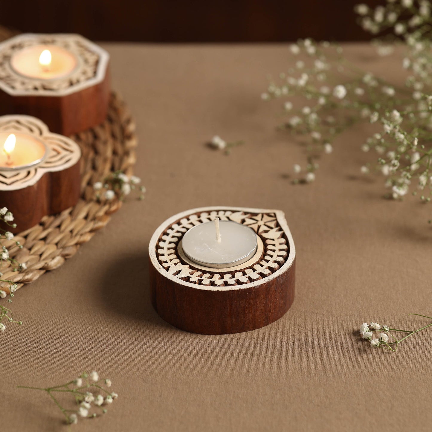 Hand Carved Sheesham Wood Block Tealight Candle Holder Online at iTokri.com