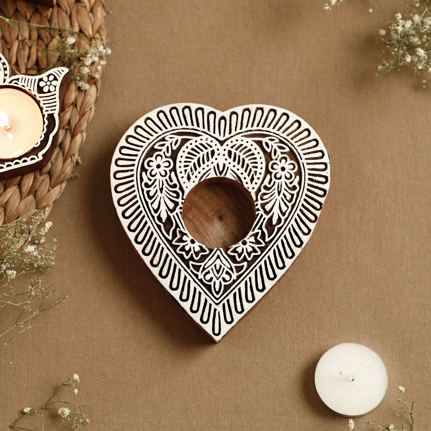 Hand Carved Sheesham Wood Block Tealight Candle Holder Online at iTokri.com