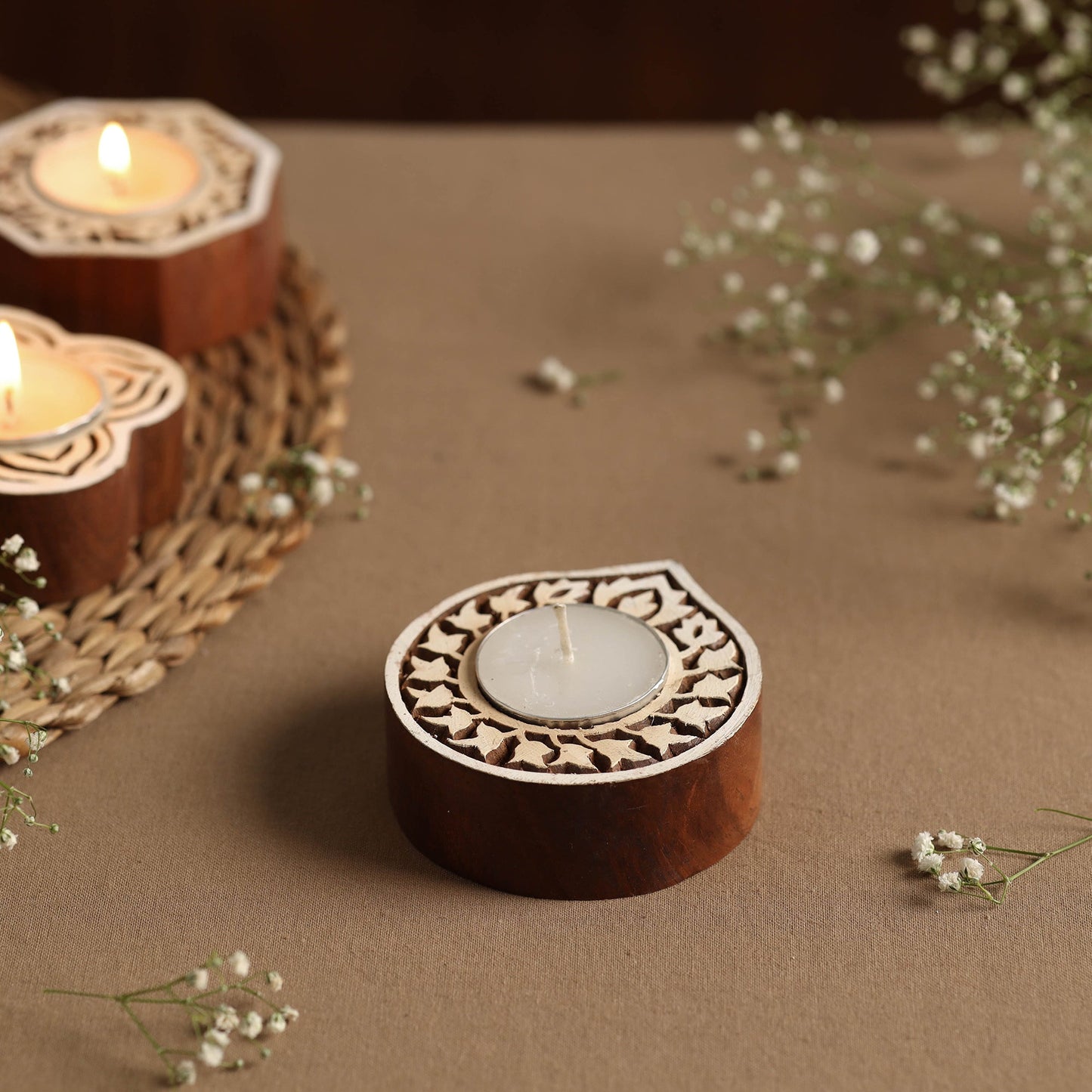Hand Carved Sheesham Wood Block Tealight Candle Holder Online at iTokri.com