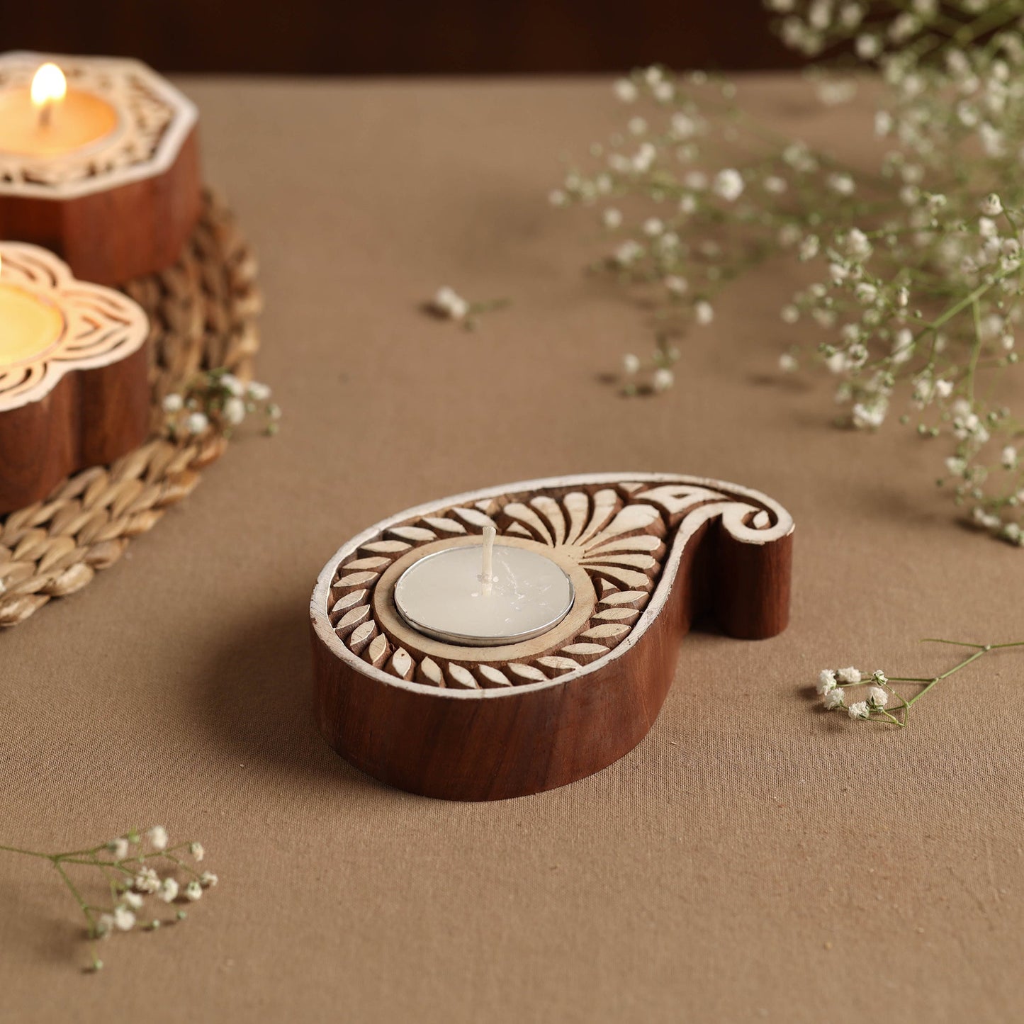 Hand Carved Sheesham Wood Block Tealight Candle Holder Online at iTokri.com