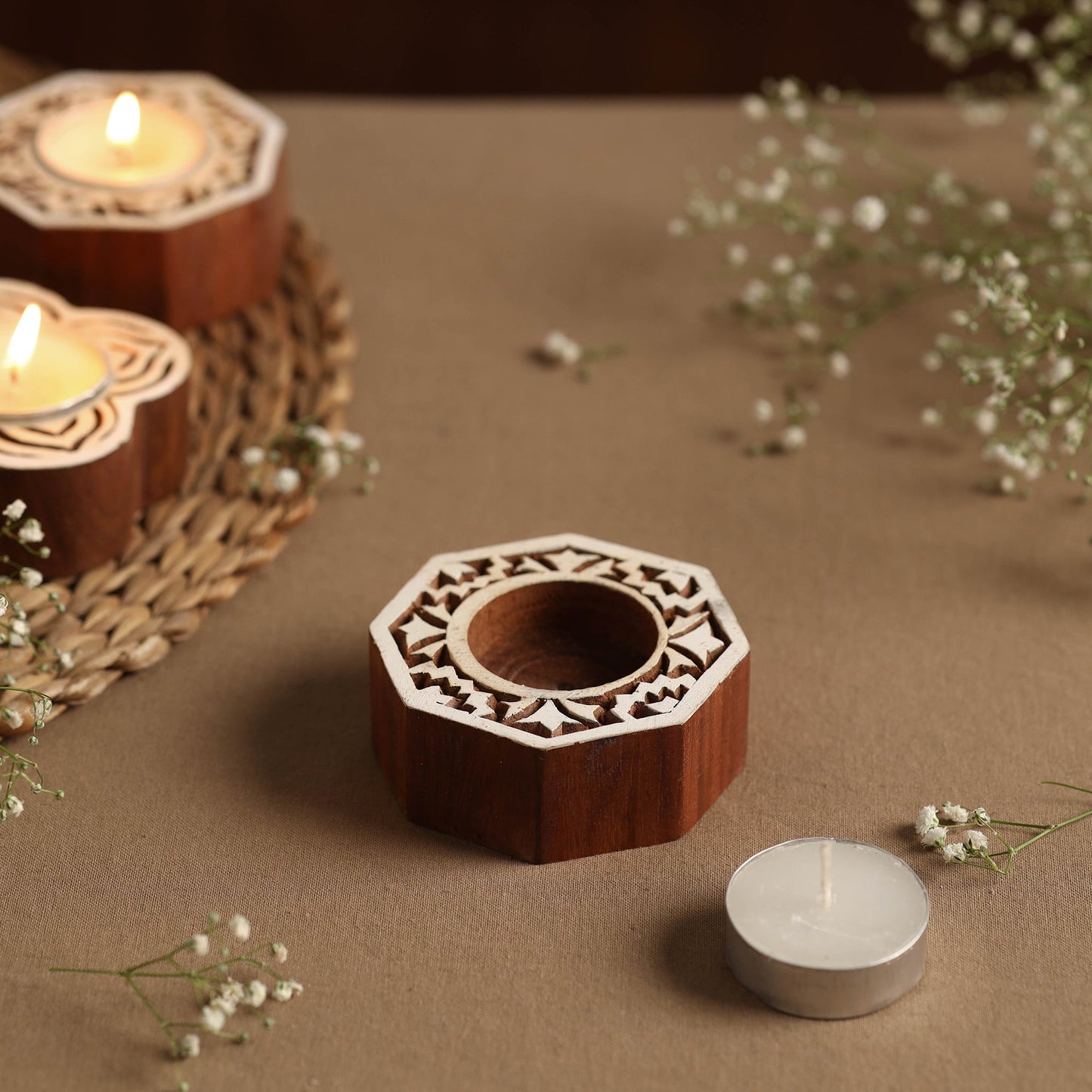 Hand Carved Sheesham Wood Block Tealight Candle Holder Online at iTokri.com