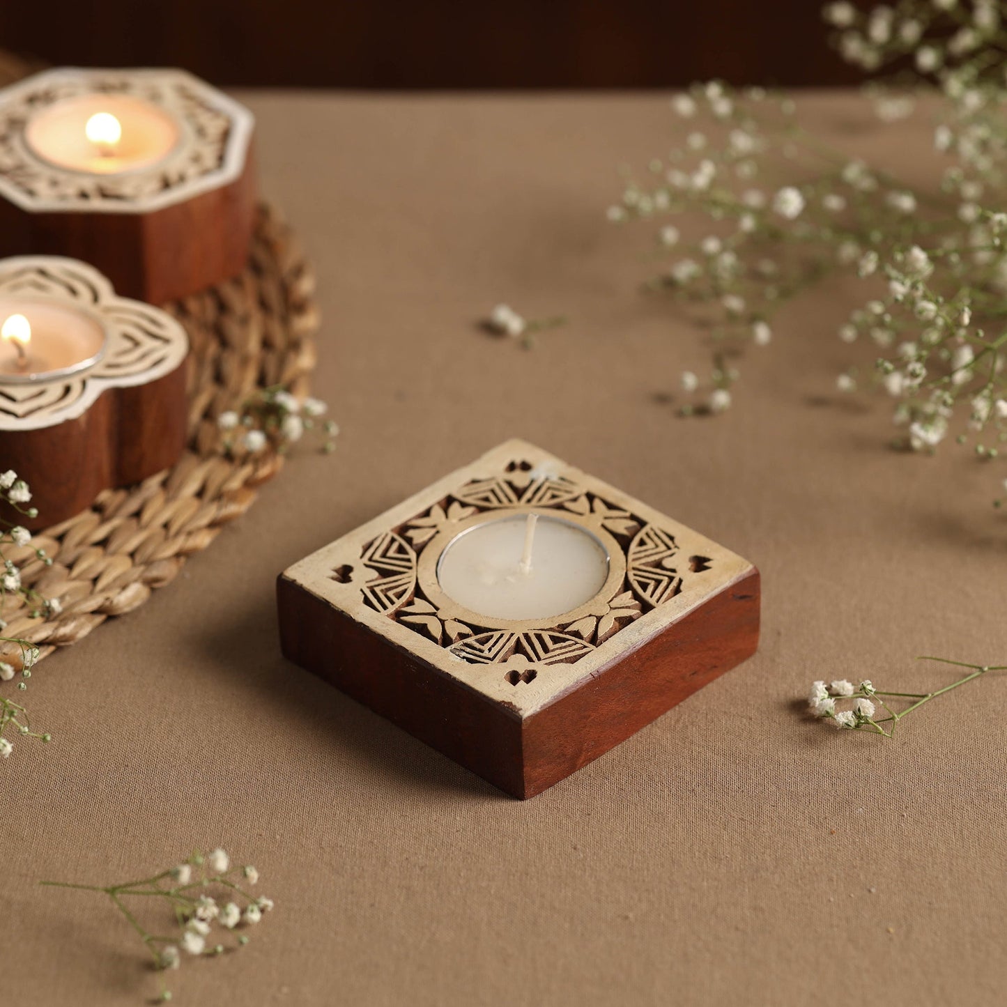Hand Carved Sheesham Wood Block Tealight Candle Holder Online at iTokri.com
