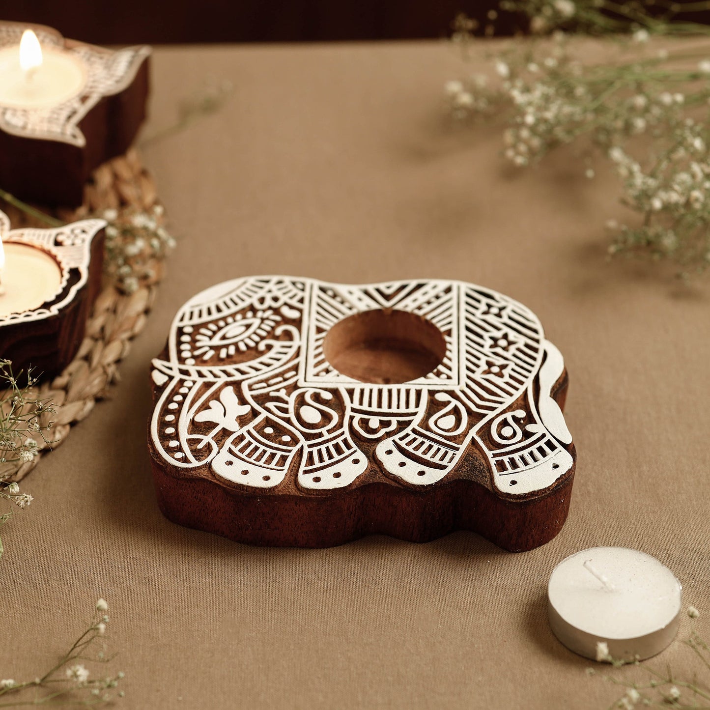Hand Carved Sheesham Wood Block Tealight Candle Holder Online at iTokri.com