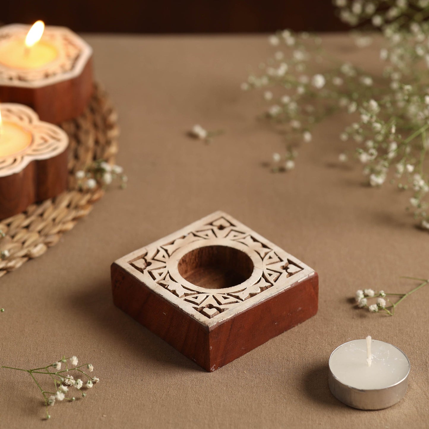 Hand Carved Sheesham Wood Block Tealight Candle Holder Online at iTokri.com