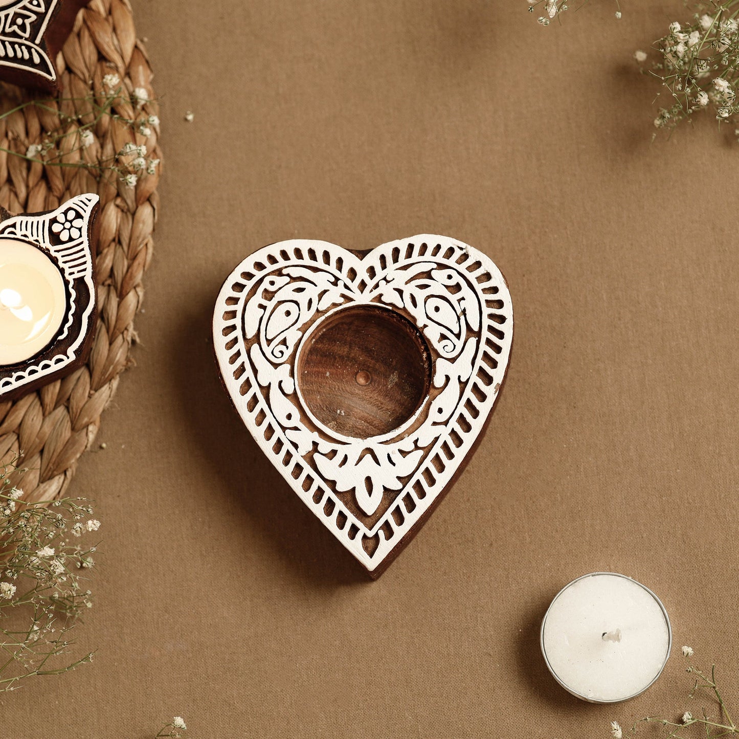 Hand Carved Sheesham Wood Block Tealight Candle Holder Online at iTokri.com