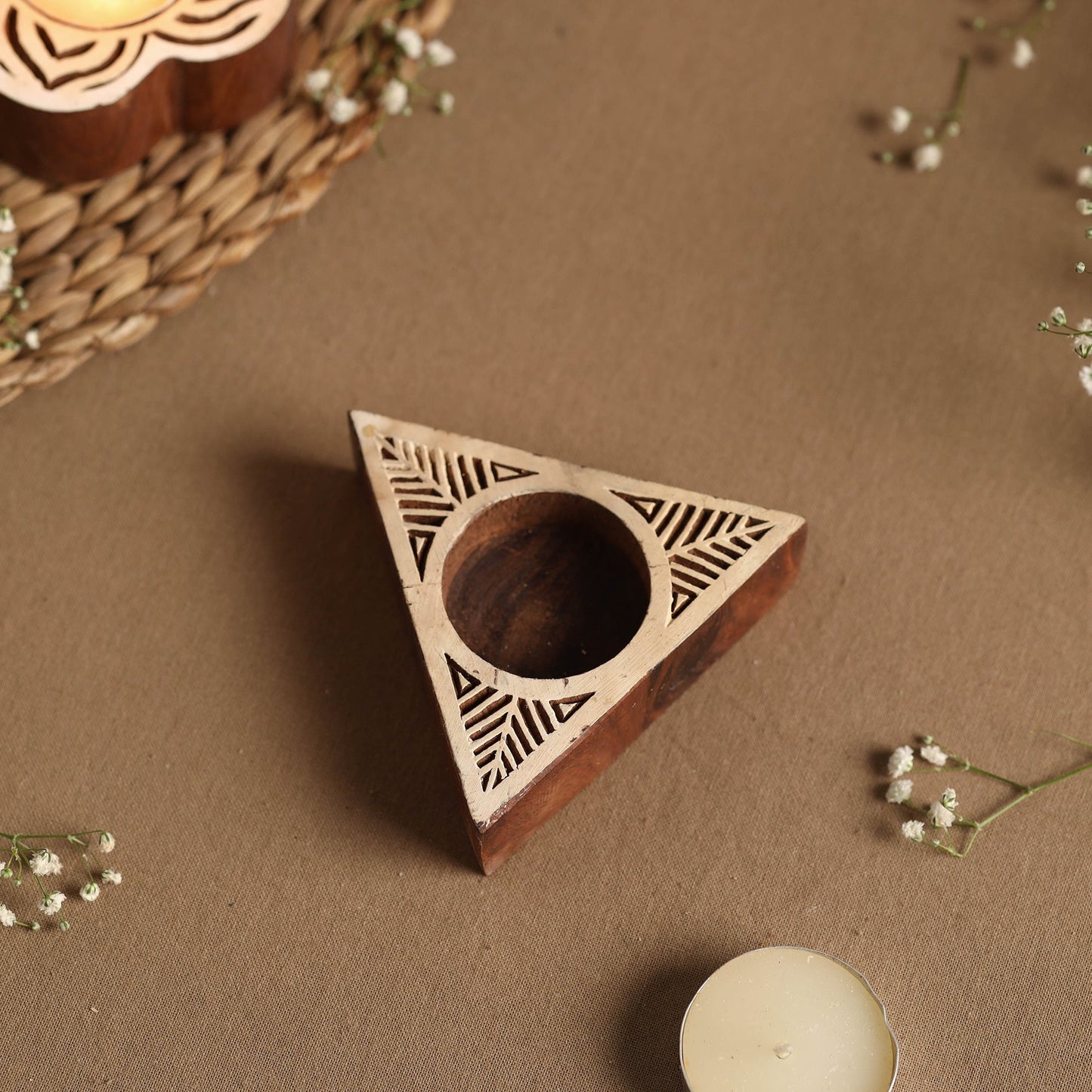 Hand Carved Sheesham Wood Block Tealight Candle Holder Online at iTokri.com