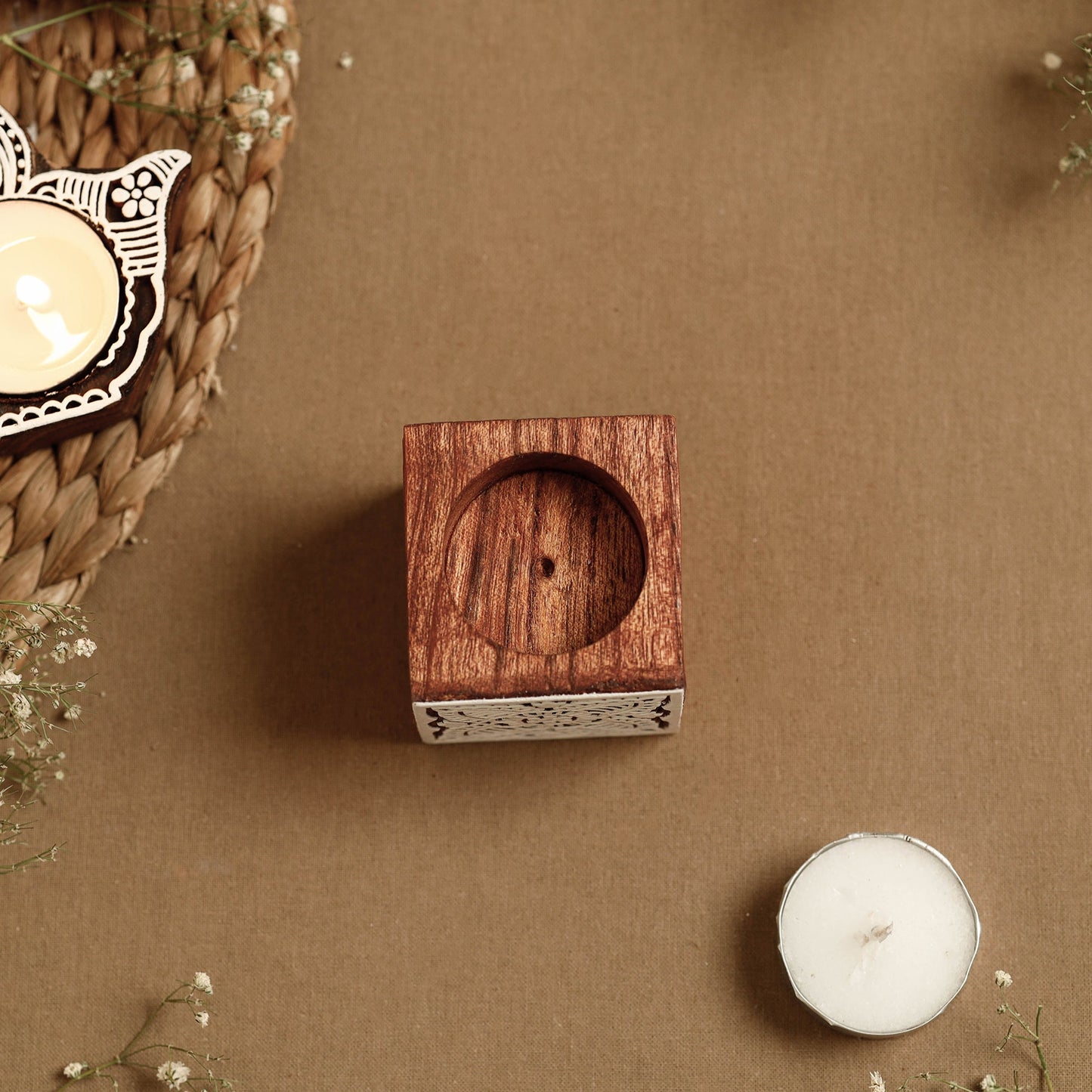 Hand Carved Sheesham Wood Block Tealight Candle Holder Online at iTokri.com