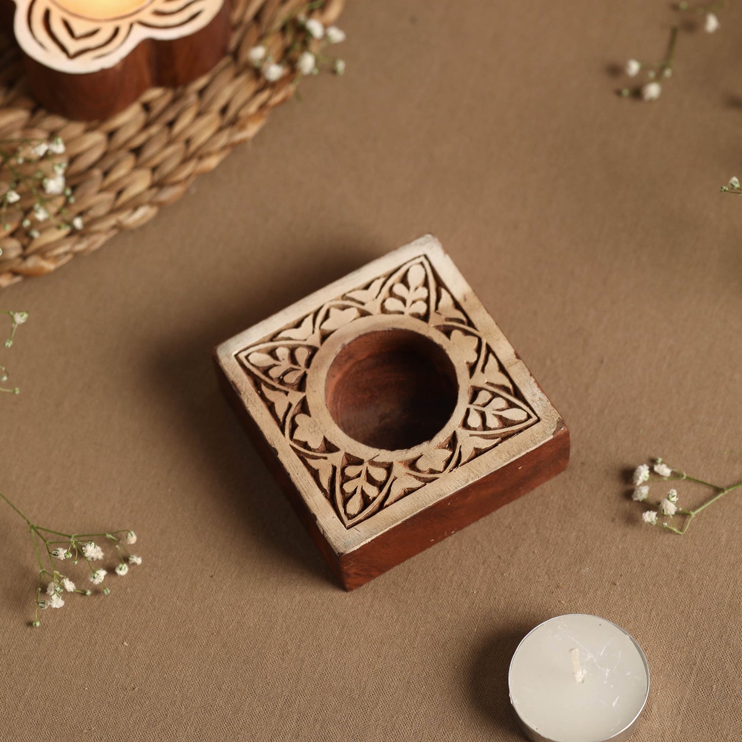 Hand Carved Sheesham Wood Block Tealight Candle Holder Online at iTokri.com