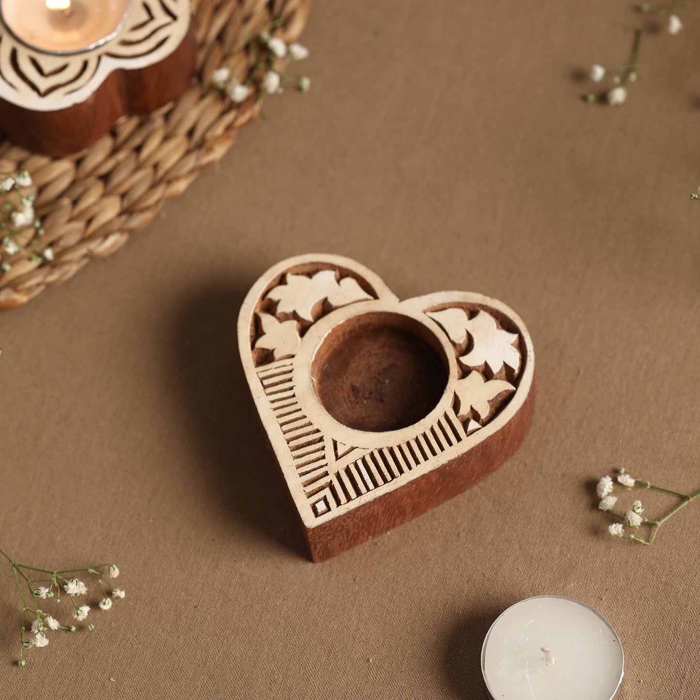 Hand Carved Sheesham Wood Block Tealight Candle Holder Online at iTokri.com