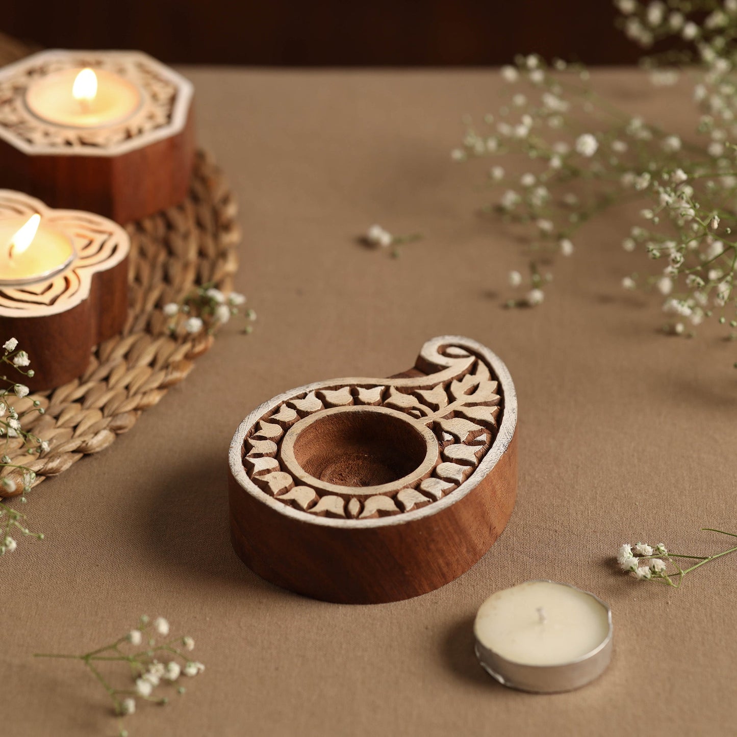 Hand Carved Sheesham Wood Block Tealight Candle Holder Online at iTokri.com