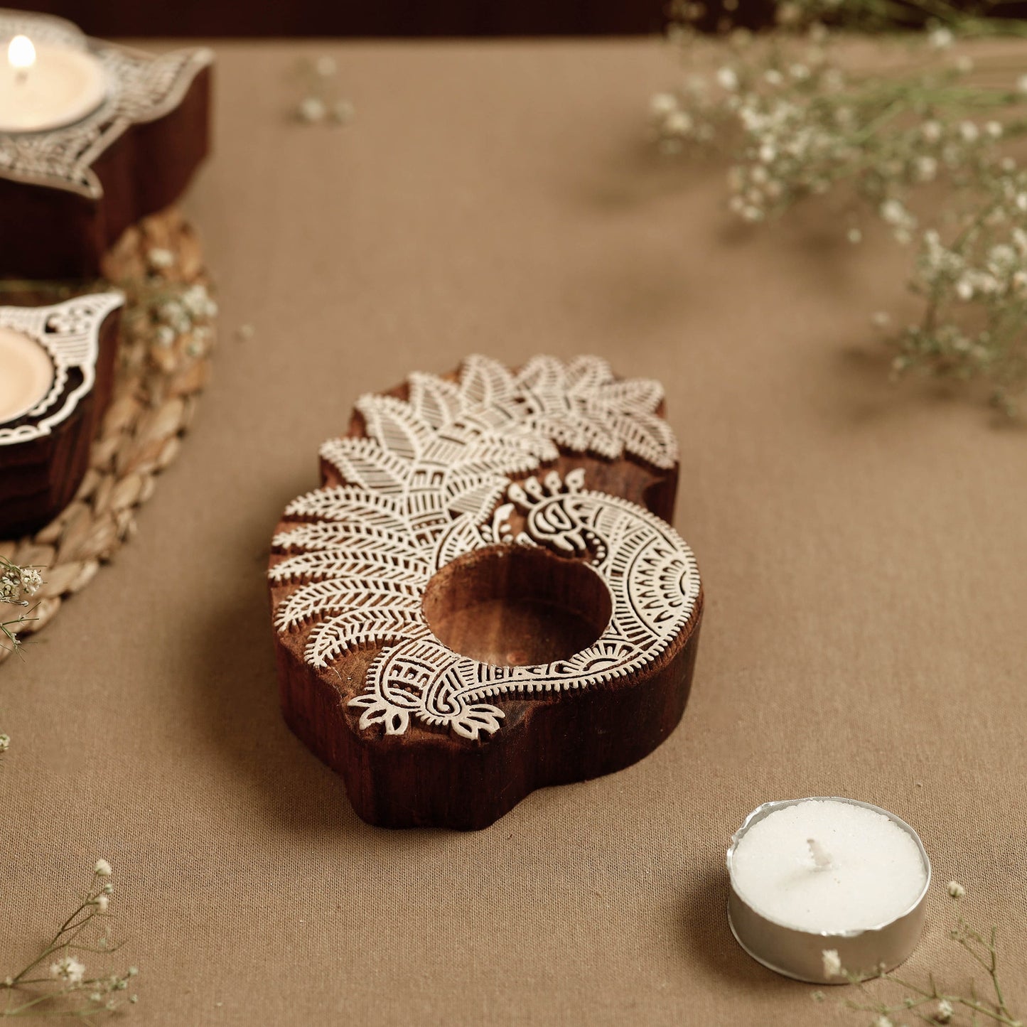 Hand Carved Sheesham Wood Block Tealight Candle Holder Online at iTokri.com