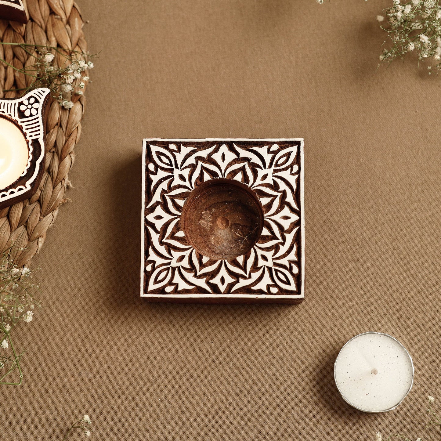 Hand Carved Sheesham Wood Block Tealight Candle Holder Online at iTokri.com