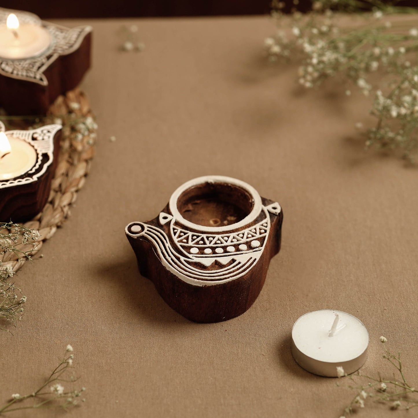 Hand Carved Sheesham Wood Block Tealight Candle Holder Online at iTokri.com