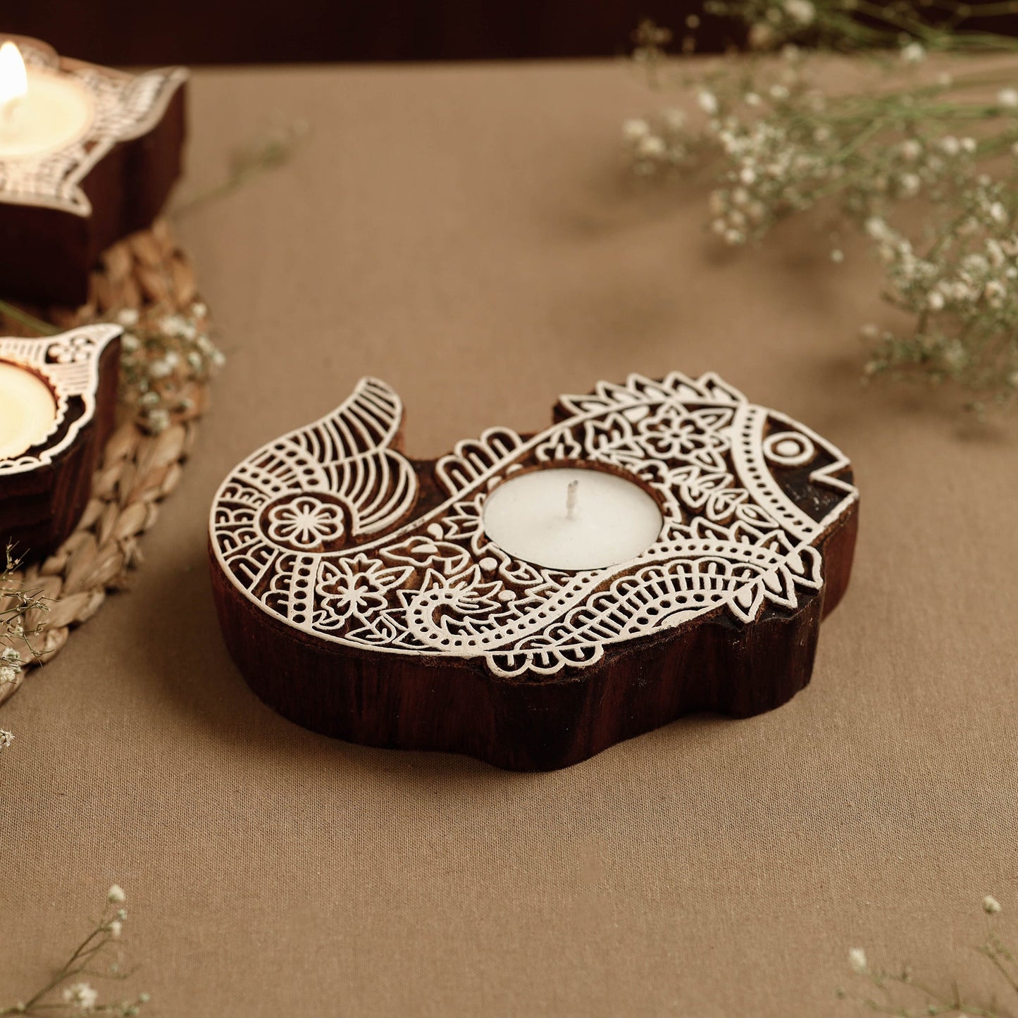 Hand Carved Sheesham Wood Block Tealight Candle Holder Online at iTokri.com