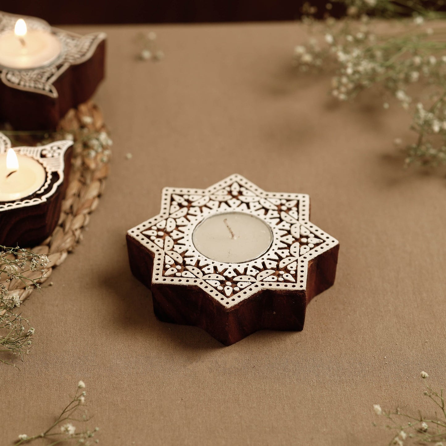 Hand Carved Sheesham Wood Block Tealight Candle Holder Online at iTokri.com