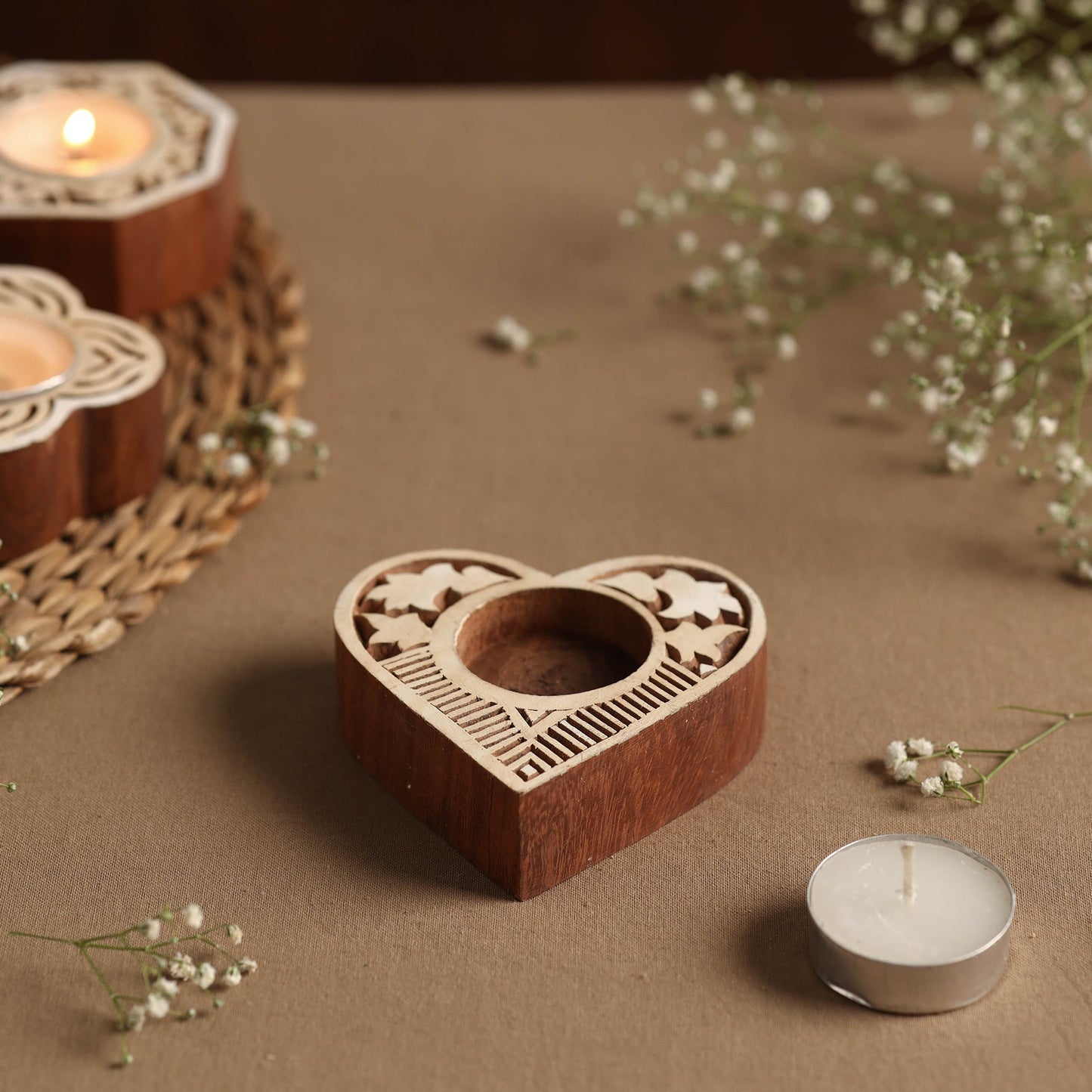 Hand Carved Sheesham Wood Block Tealight Candle Holder Online at iTokri.com