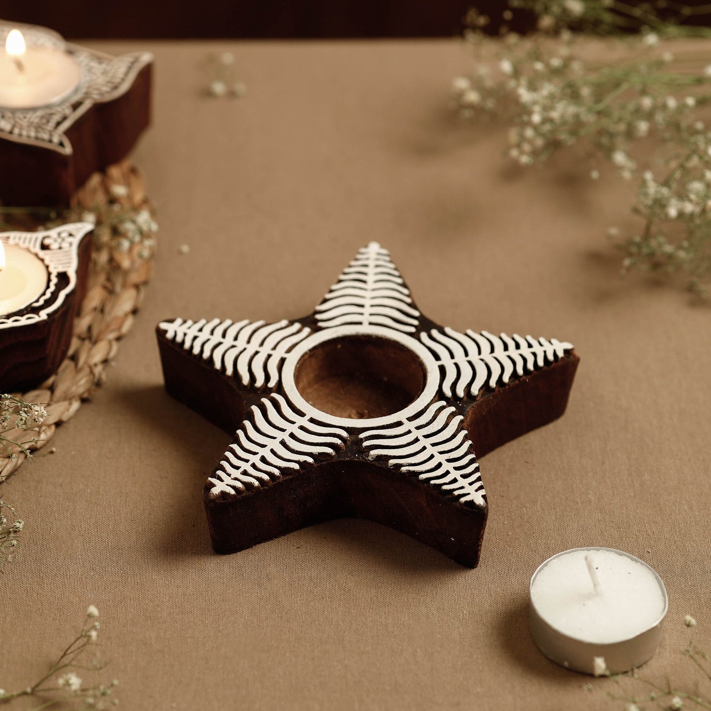 Hand Carved Sheesham Wood Block Tealight Candle Holder Online at iTokri.com