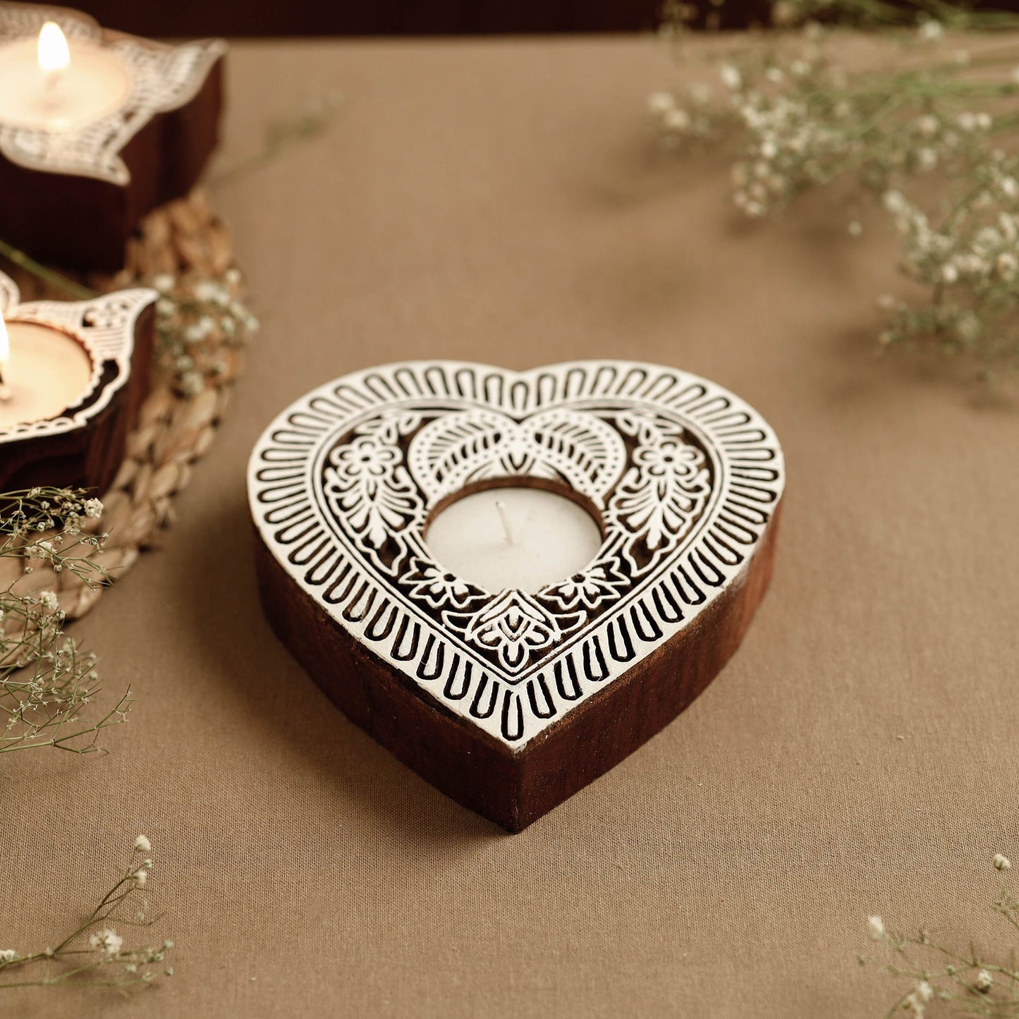 Hand Carved Sheesham Wood Block Tealight Candle Holder Online at iTokri.com