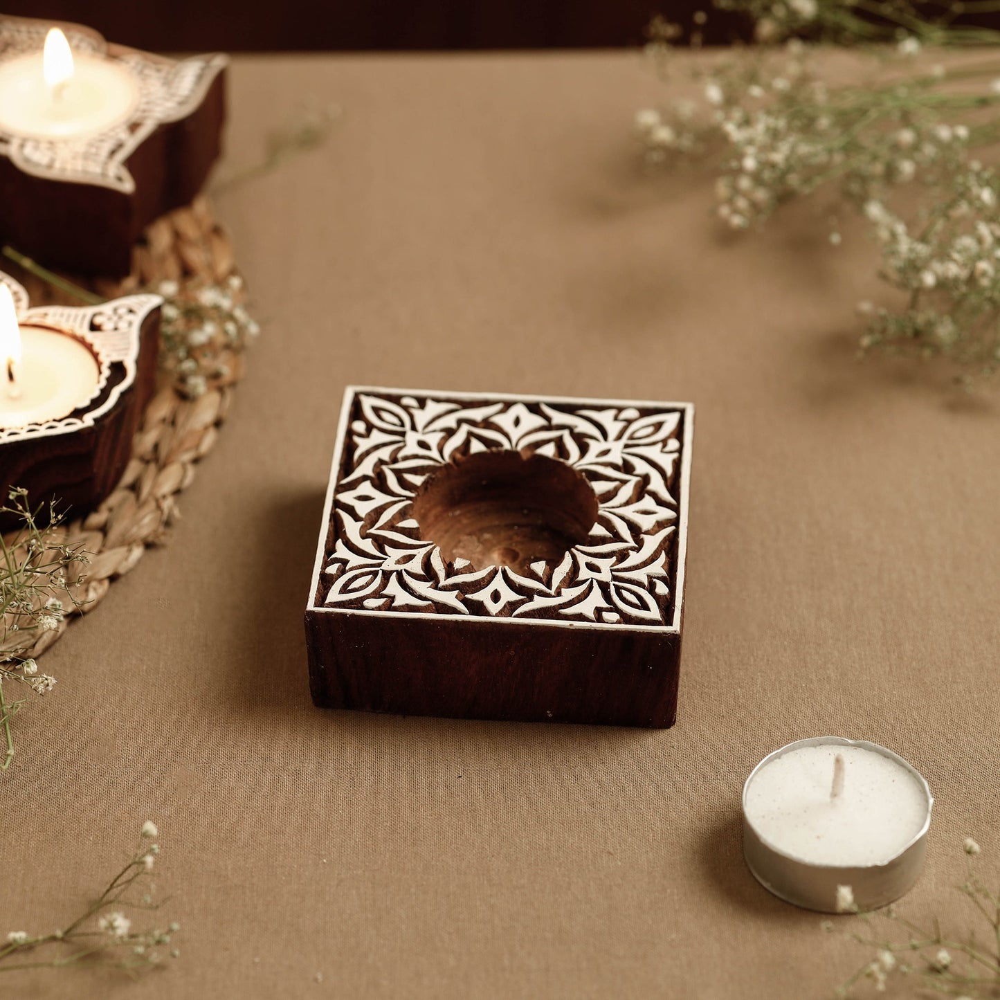 Hand Carved Sheesham Wood Block Tealight Candle Holder Online at iTokri.com