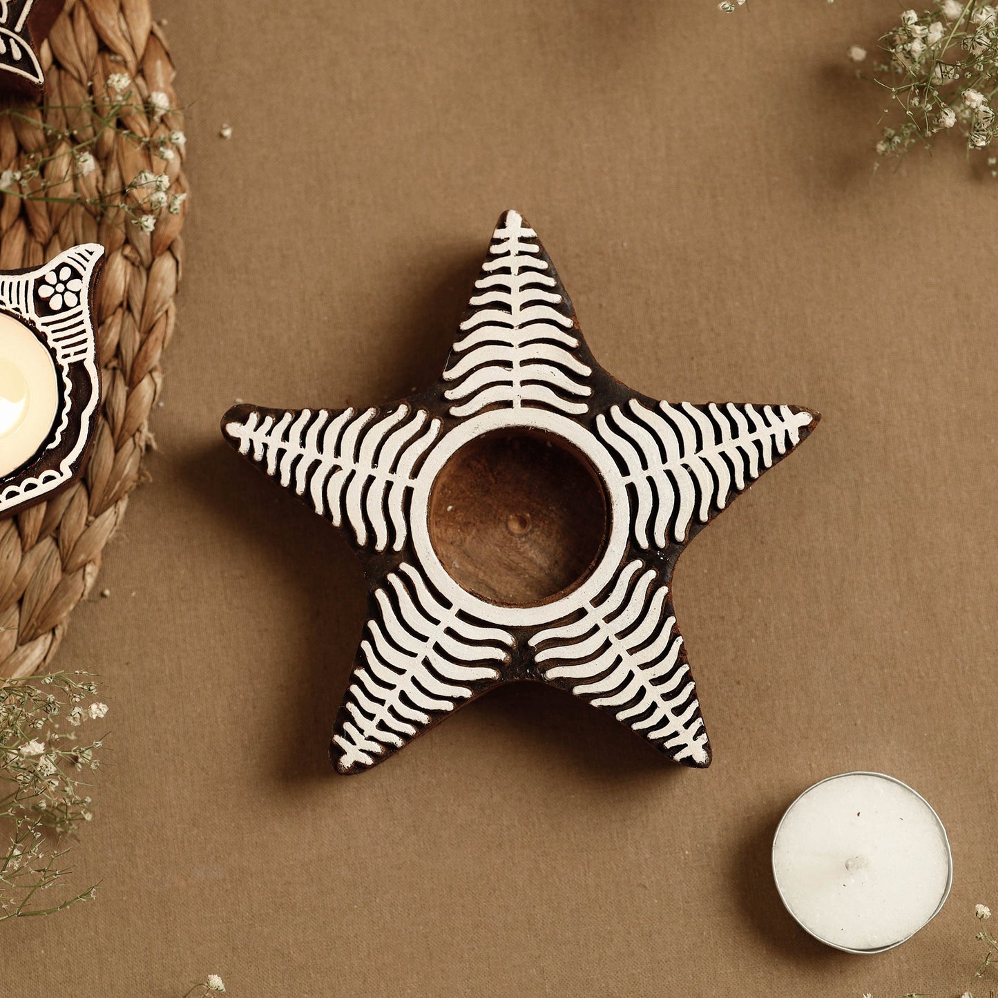 Hand Carved Sheesham Wood Block Tealight Candle Holder Online at iTokri.com