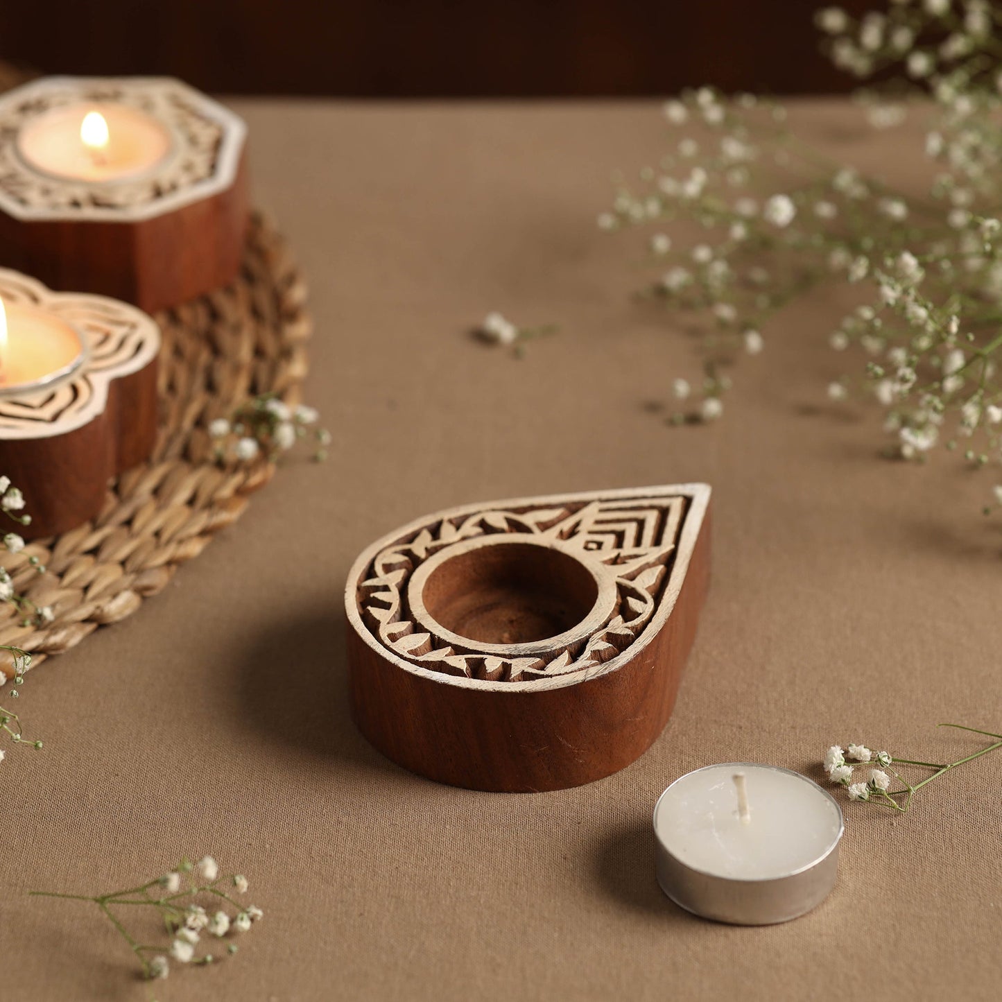 Hand Carved Sheesham Wood Block Tealight Candle Holder Online at iTokri.com