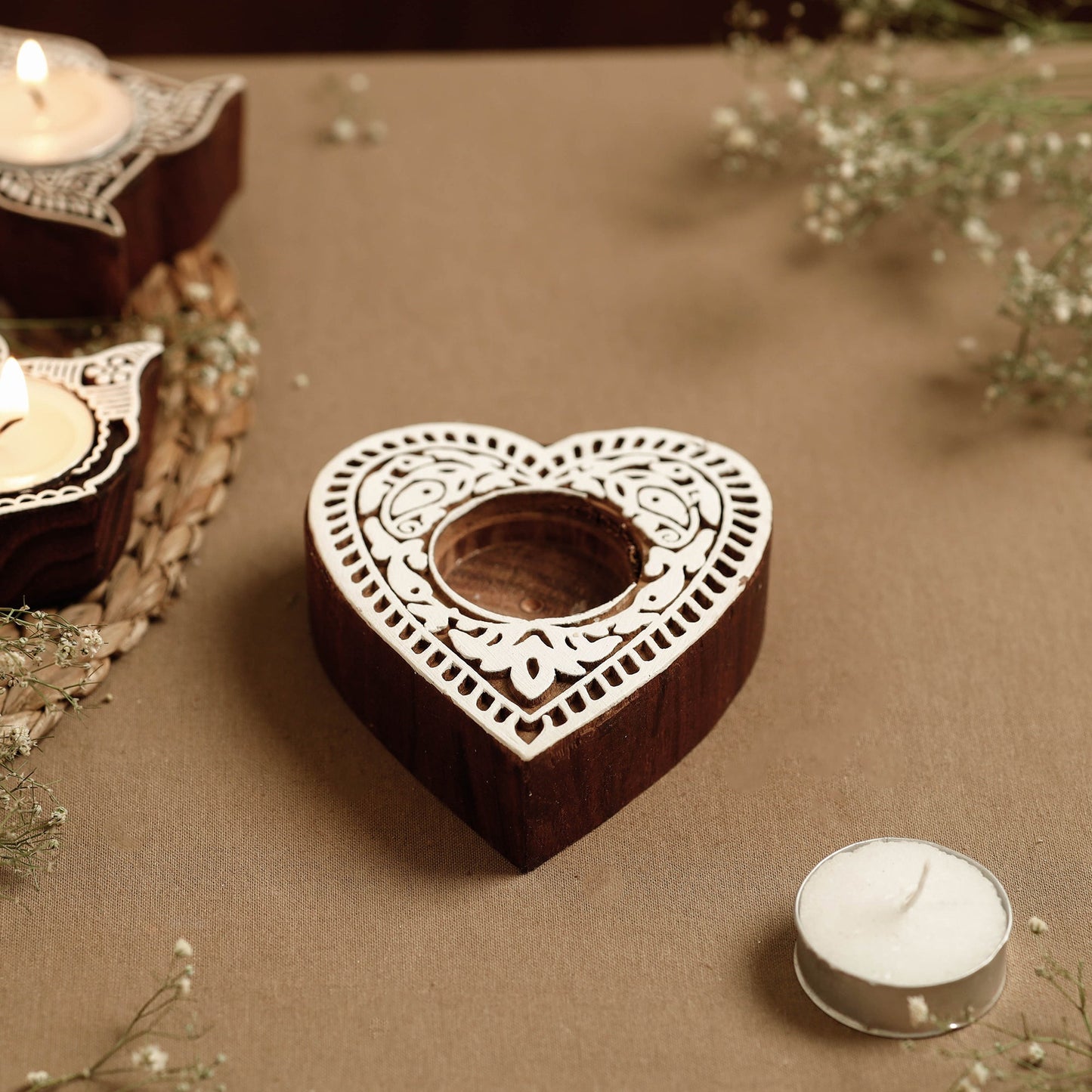 Hand Carved Sheesham Wood Block Tealight Candle Holder Online at iTokri.com