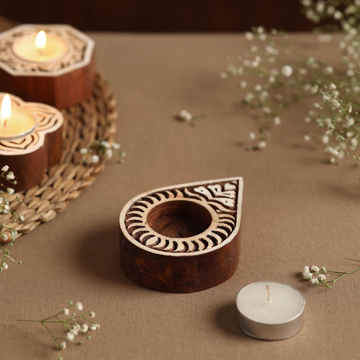 Hand Carved Sheesham Wood Block Tealight Candle Holder Online at iTokri.com