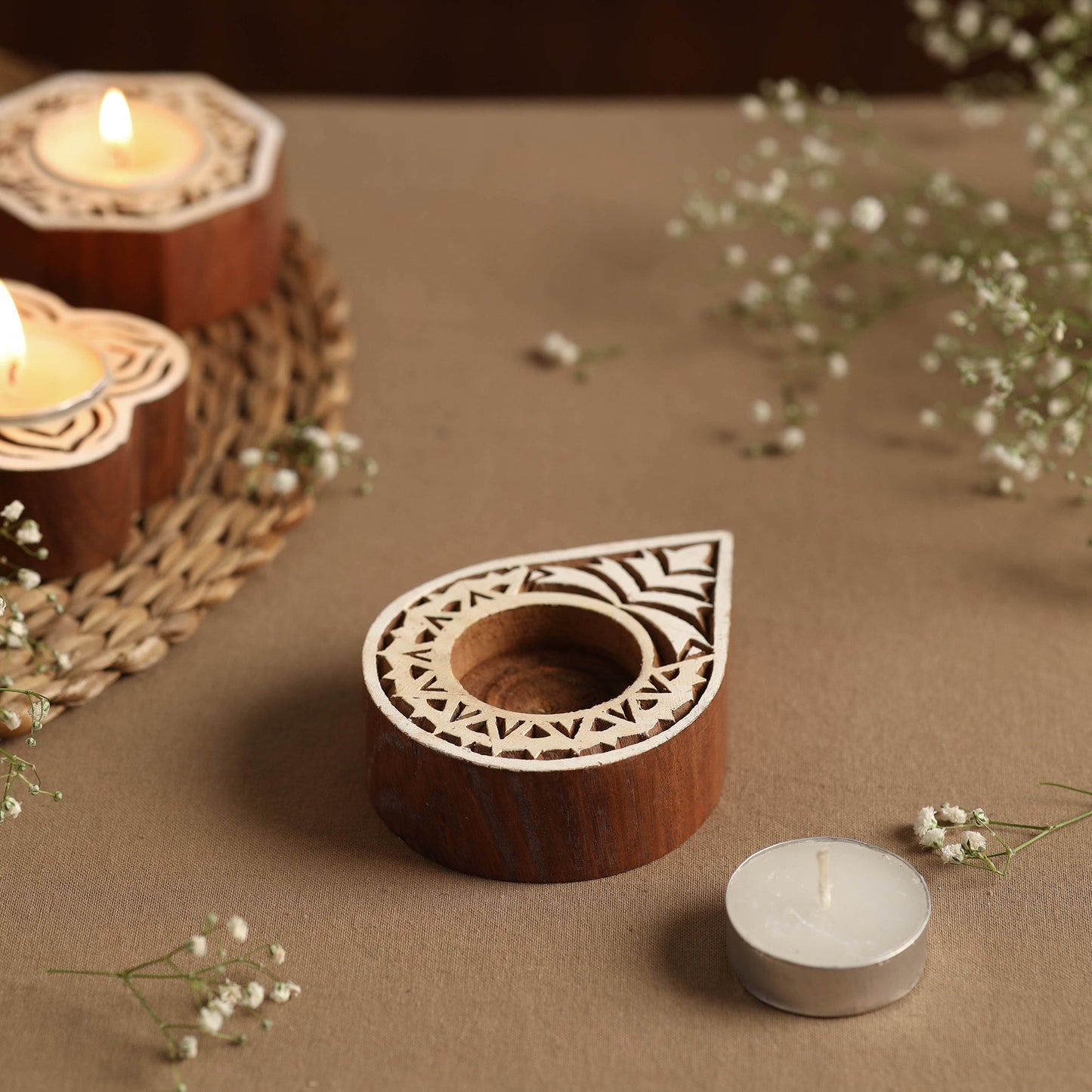 Hand Carved Sheesham Wood Block Tealight Candle Holder Online at iTokri.com
