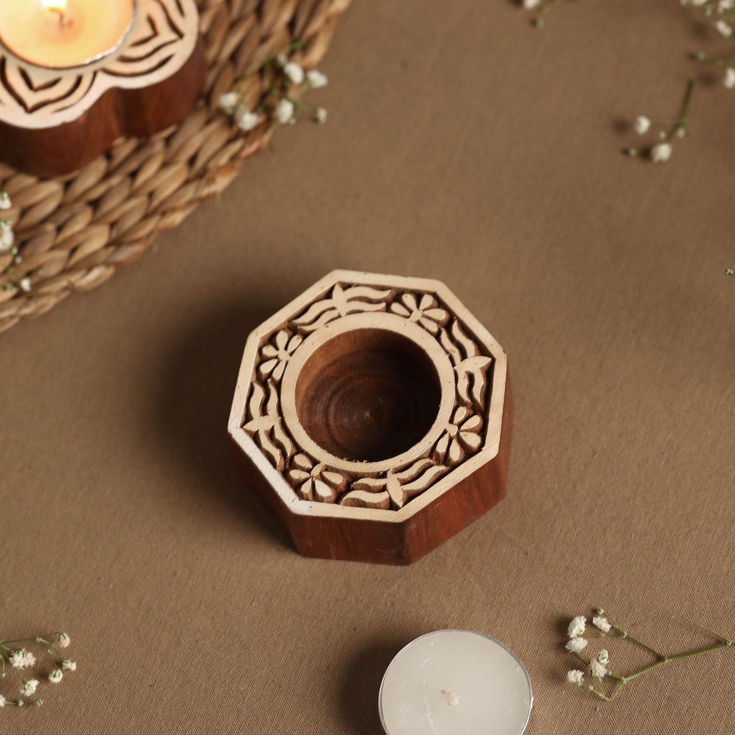 Hand Carved Sheesham Wood Block Tealight Candle Holder Online at iTokri.com