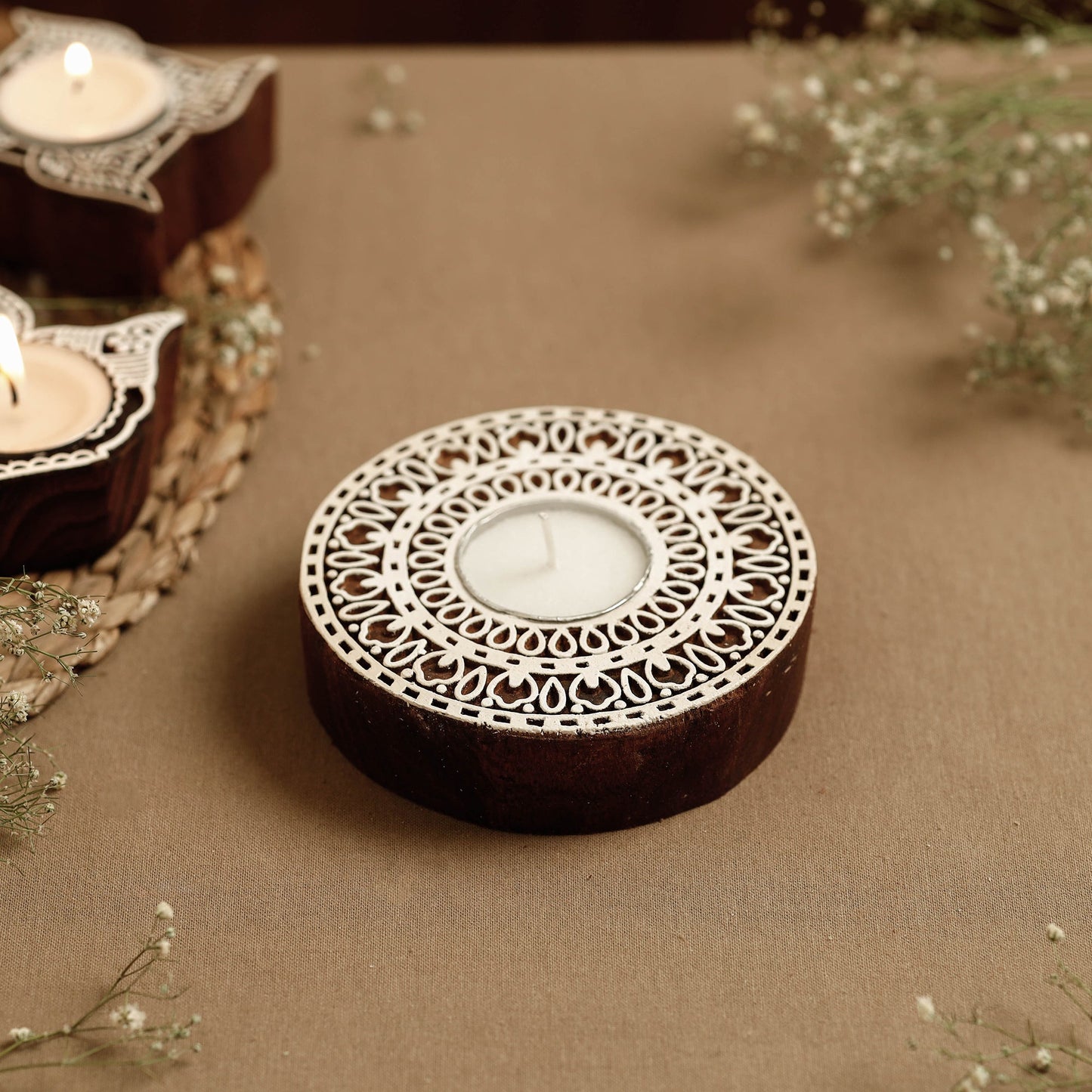 Hand Carved Sheesham Wood Block Tealight Candle Holder Online at iTokri.com