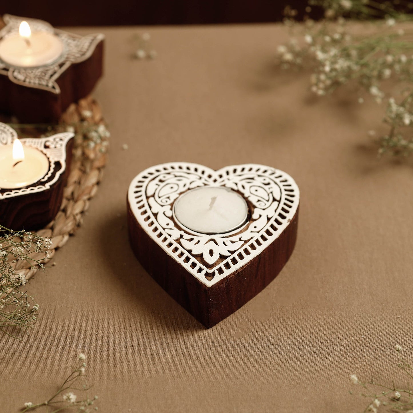 Hand Carved Sheesham Wood Block Tealight Candle Holder Online at iTokri.com