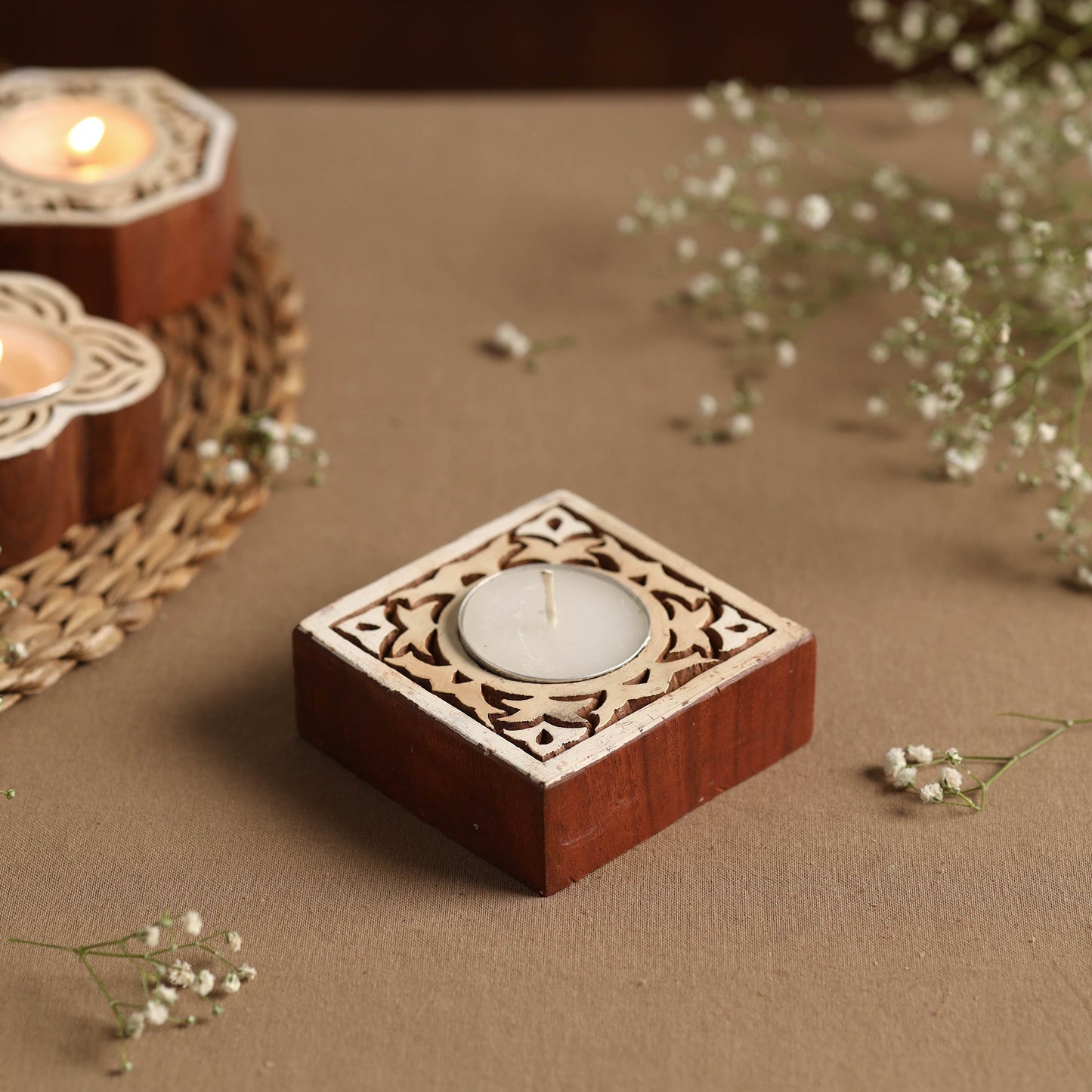Hand Carved Sheesham Wood Block Tealight Candle Holder Online at iTokri.com