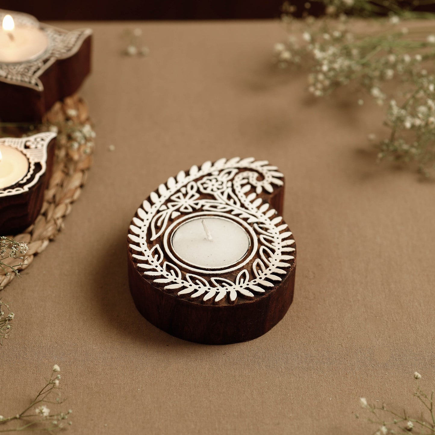 Hand Carved Sheesham Wood Block Tealight Candle Holder Online at iTokri.com