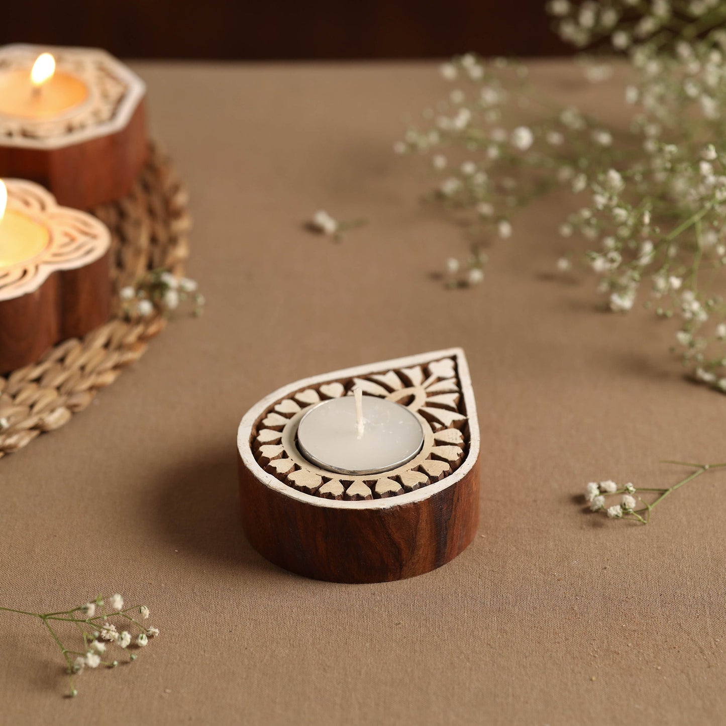 Hand Carved Sheesham Wood Block Tealight Candle Holder Online at iTokri.com