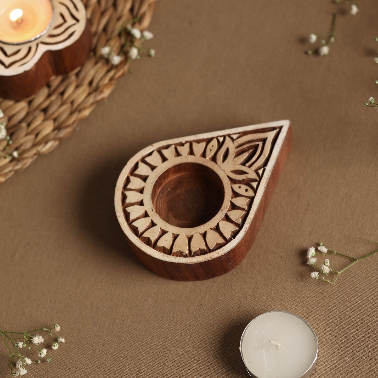 Hand Carved Sheesham Wood Block Tealight Candle Holder Online at iTokri.com